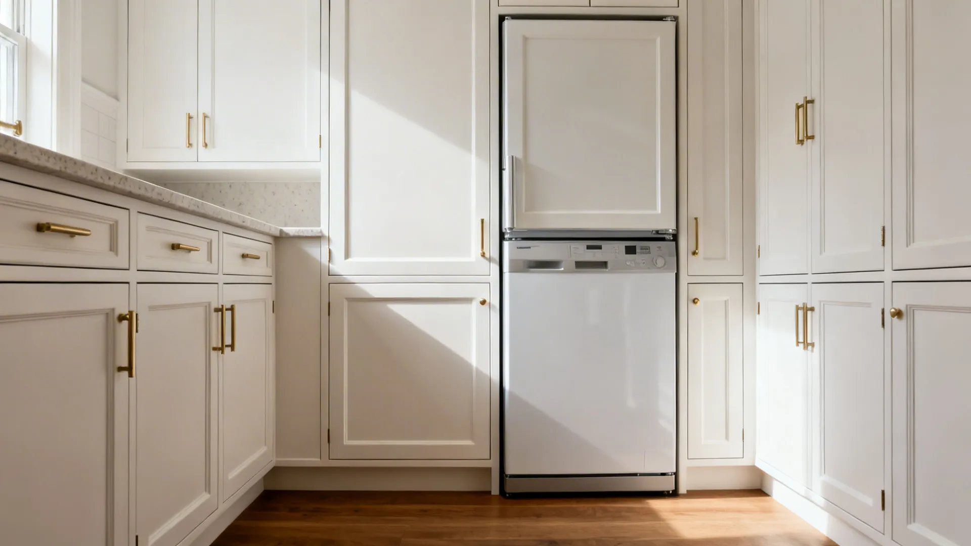 Panel-ready refrigerator and dishwasher aligned with warm white cabinetry for a continuous, quiet wall.