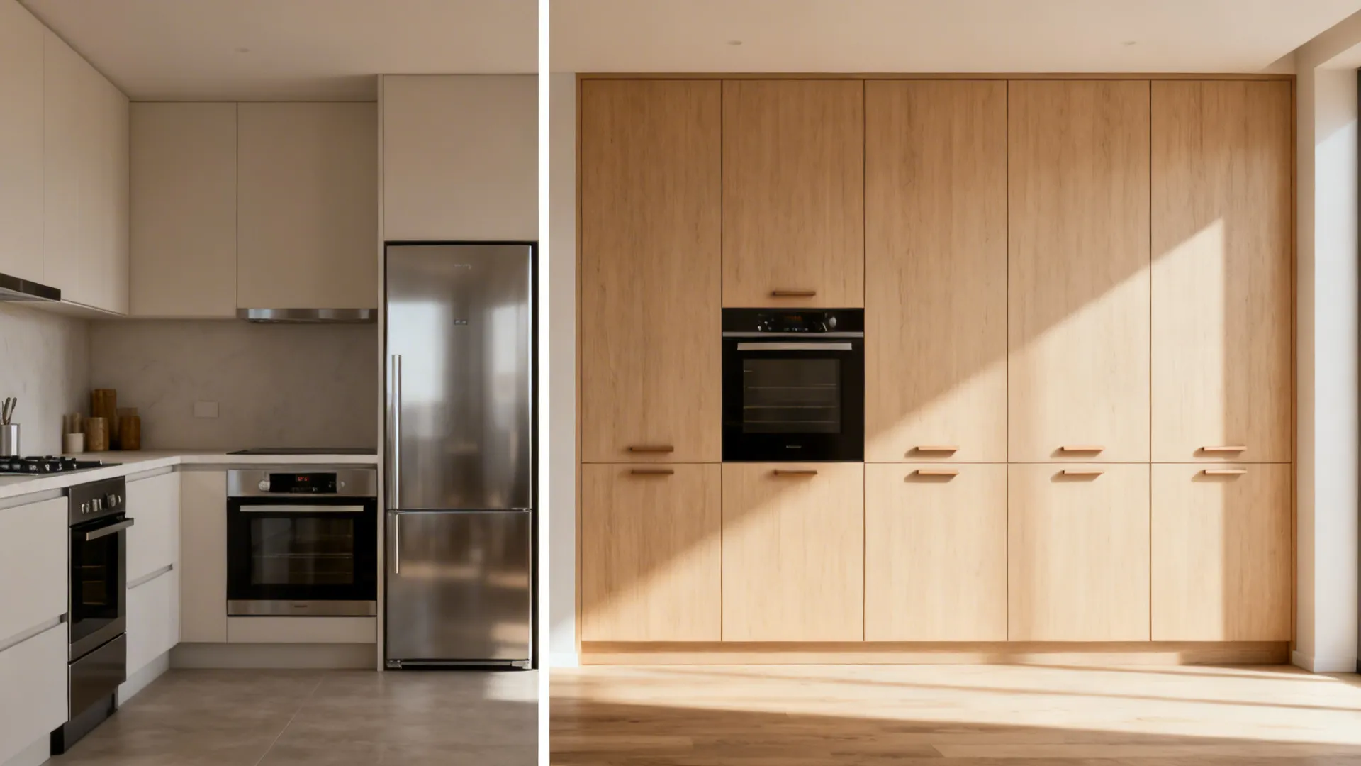 Before-and-after of a small kitchen showing a visible oven versus a panel-ready combi oven.