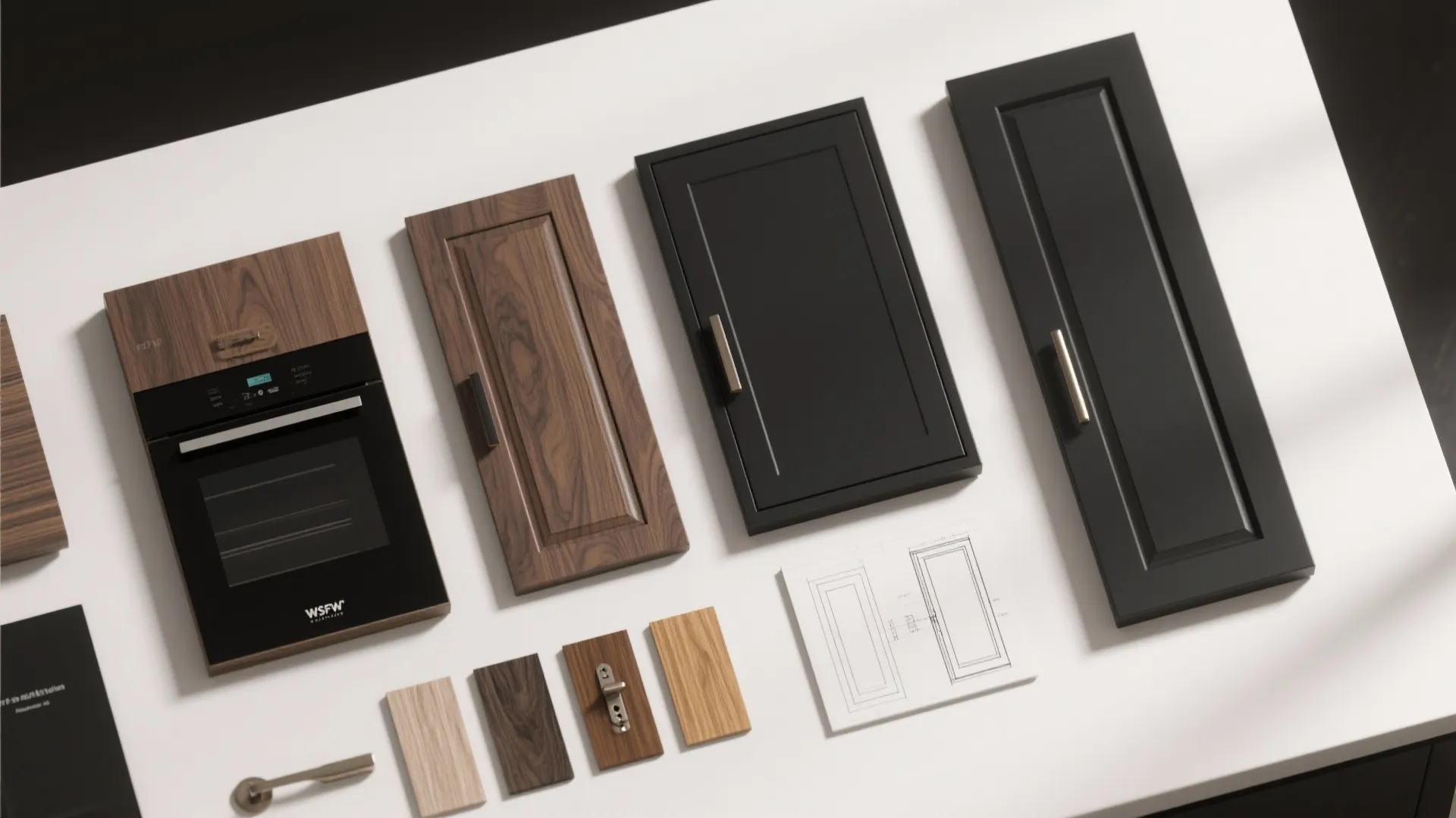 Top-down flatlay of panel-ready cabinetry samples, matte black panel mockups, and wood veneer swatches for seamless integration planning.