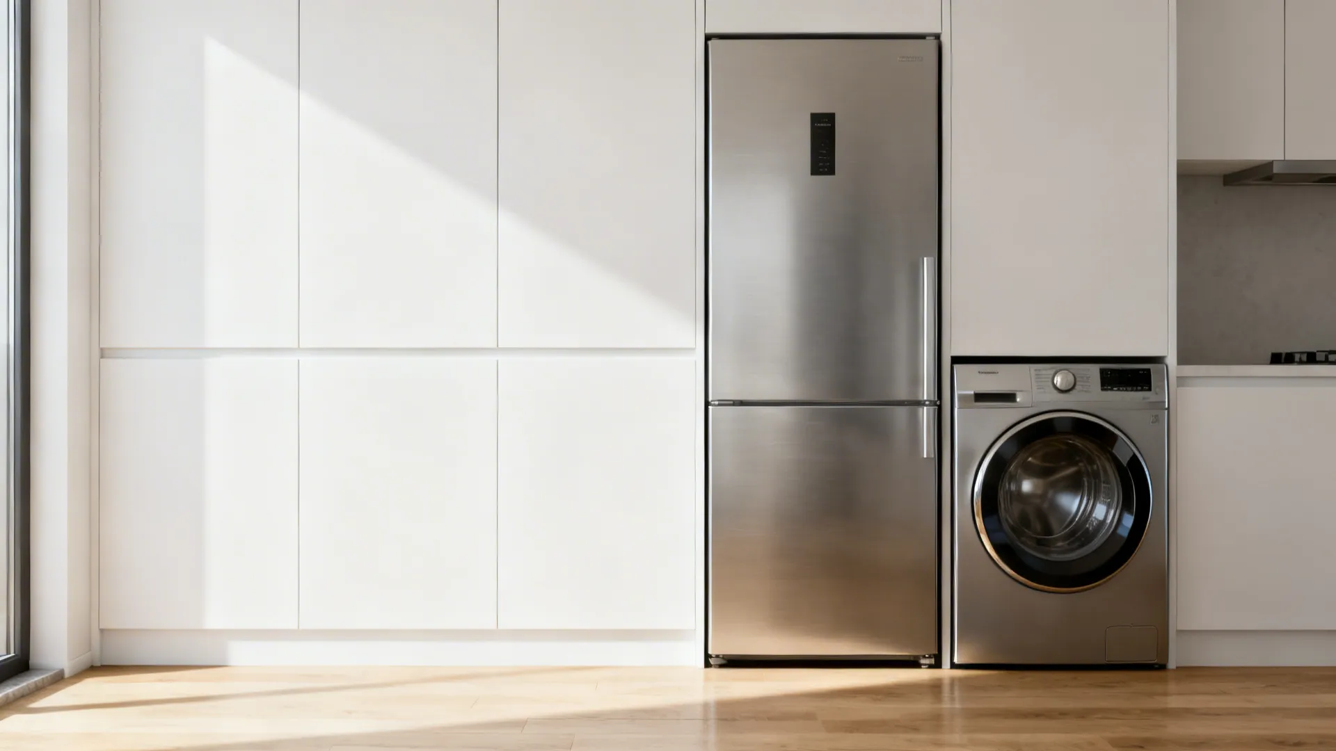 Stainless steel refrigerator and washing machine integrated into white wall panels with light wood flooring