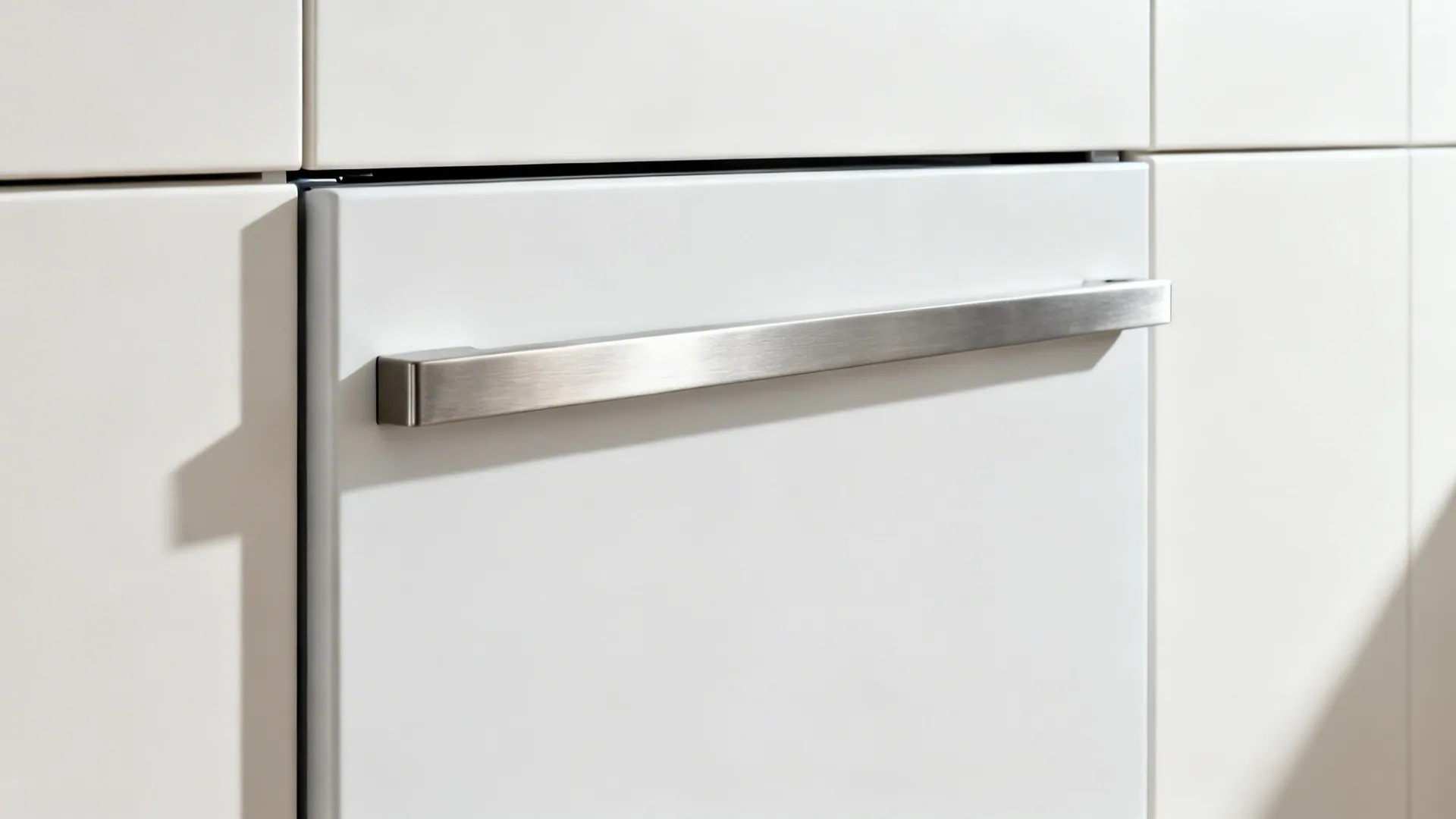 Macro of a flush panel-ready dishwasher aligned with white cabinet fronts.