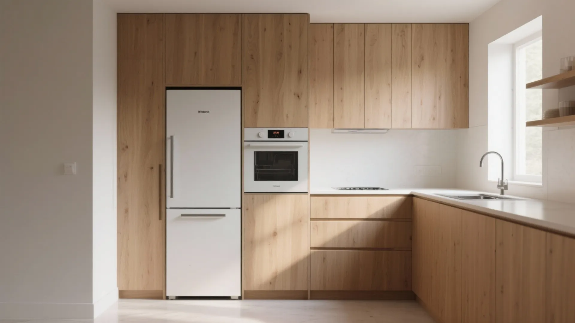 Minimalist small kitchen with panel-ready appliances integrated into wood cabinetry.
