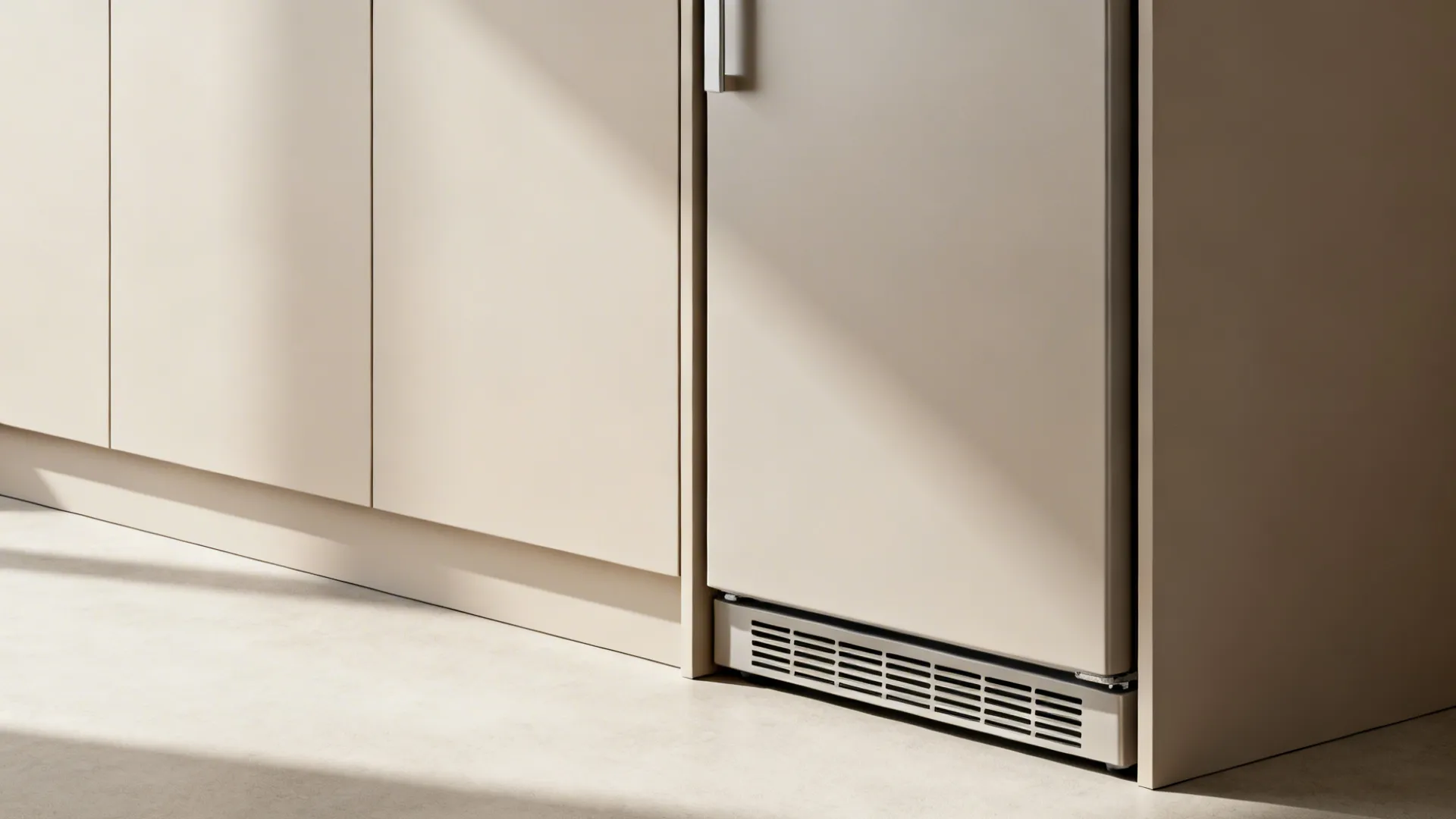 Close up of beige fridge base showing air vent next to light wood cabinets floor