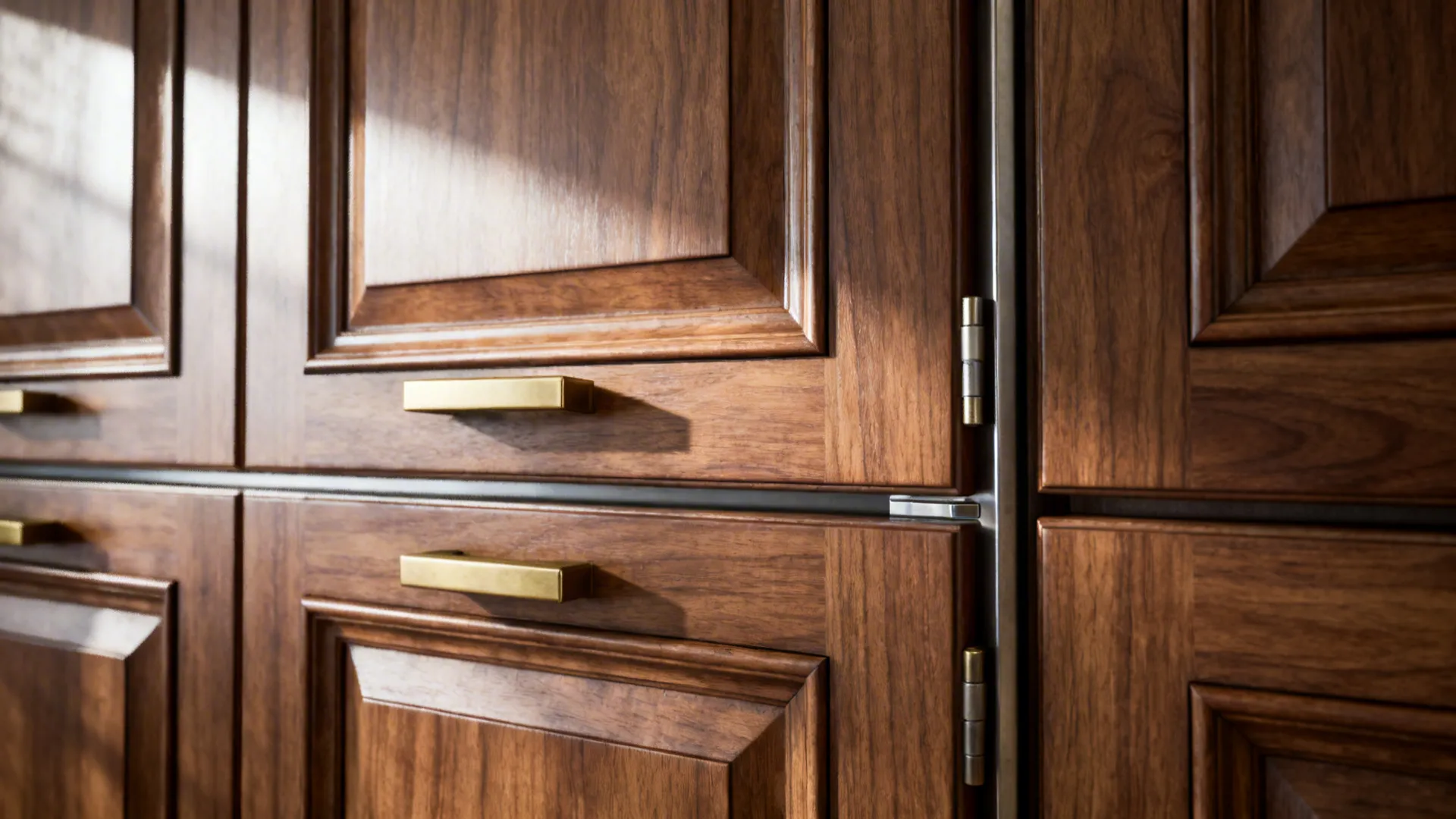 Macro of panel-ready fridge reveal lines and brushed brass pull on wood veneer.