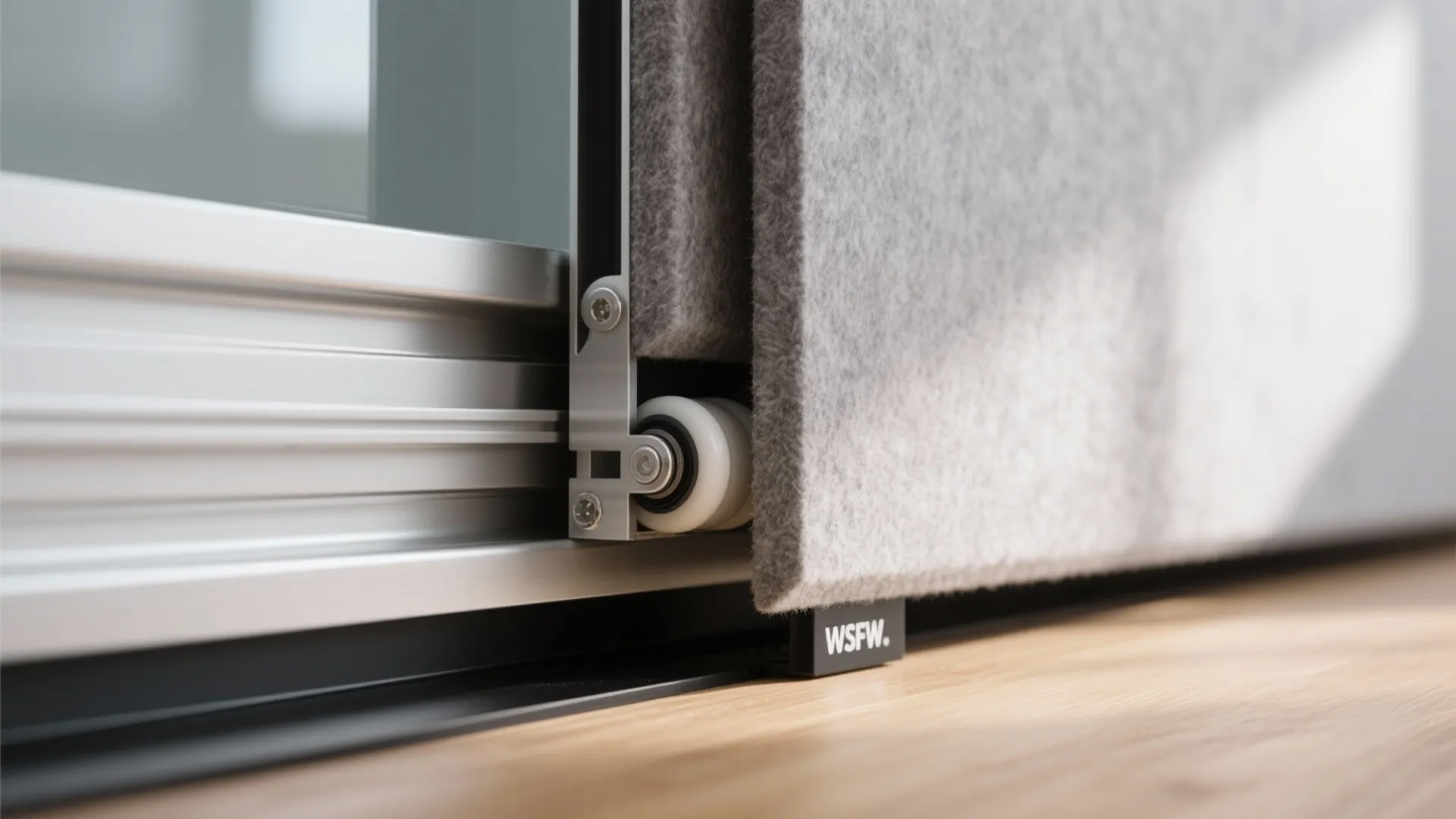 Close up of sliding door track mechanism with a white roller wheel and grey panel