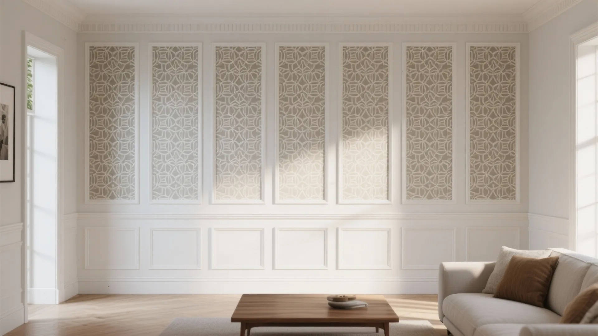 Empty bright room with classic white wall panel wooden floor and sofa in the corner side
