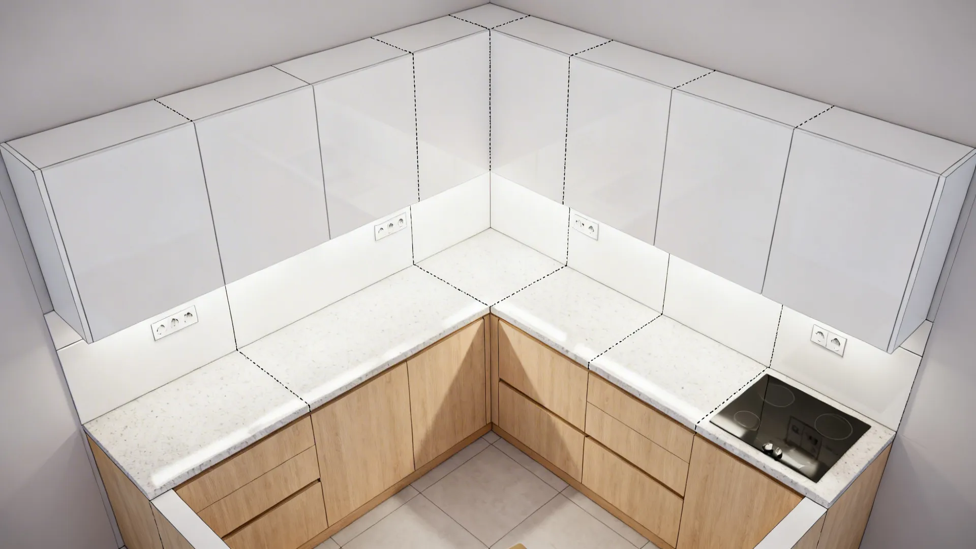 Top-down layout showing porcelain panel seams aligned with cabinets and outlets