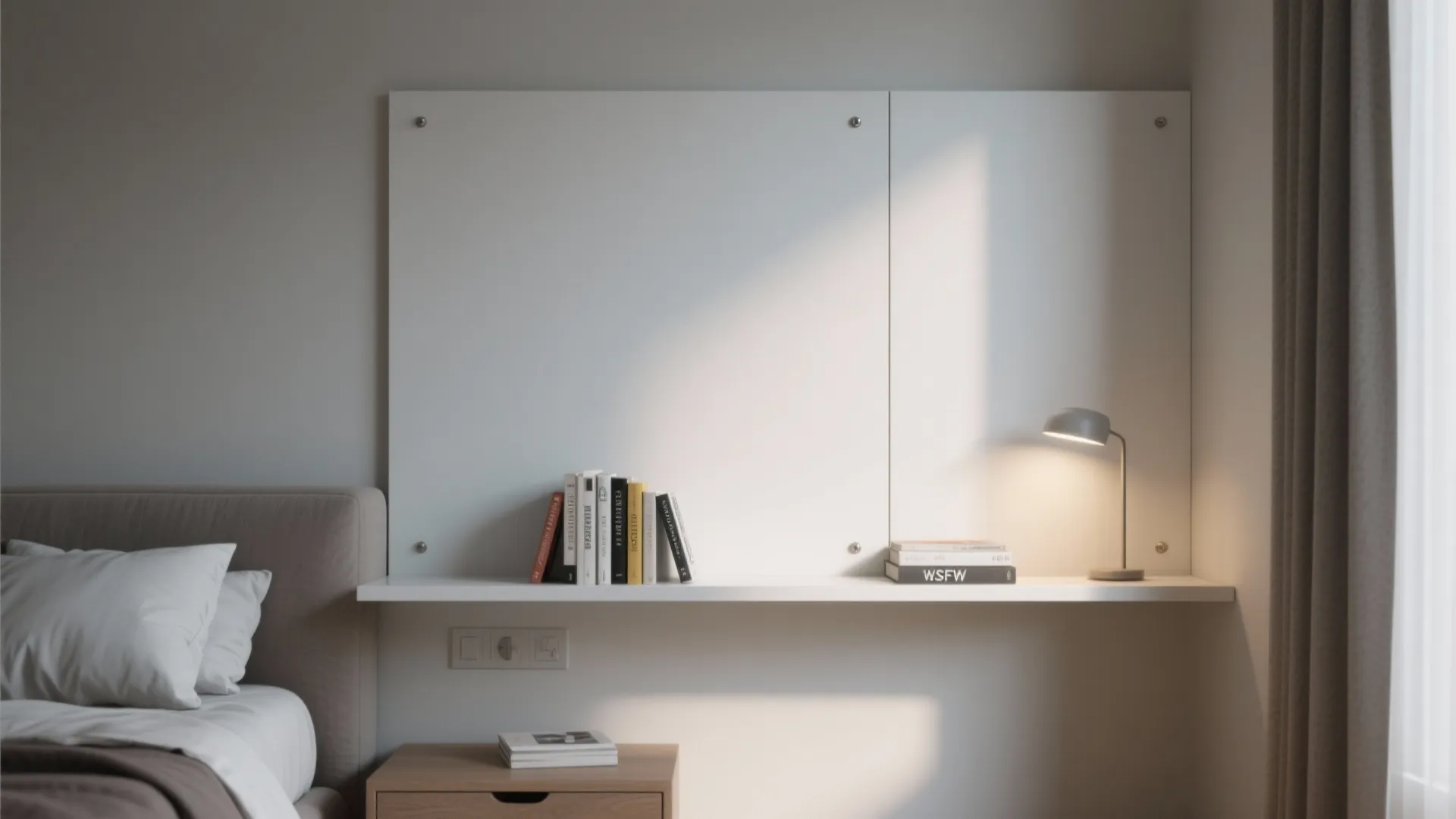 Half panel with a floating shelf used as a bedside ledge, showing books and a lamp.