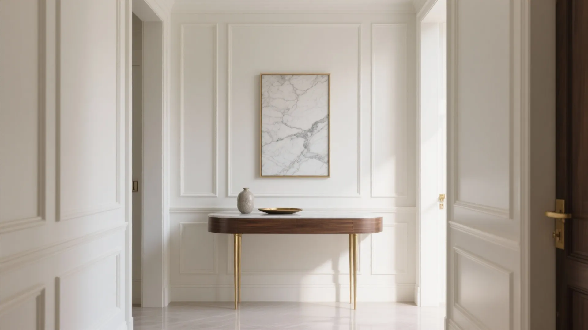 1) Minimal-classic paneling with a stone focal wall