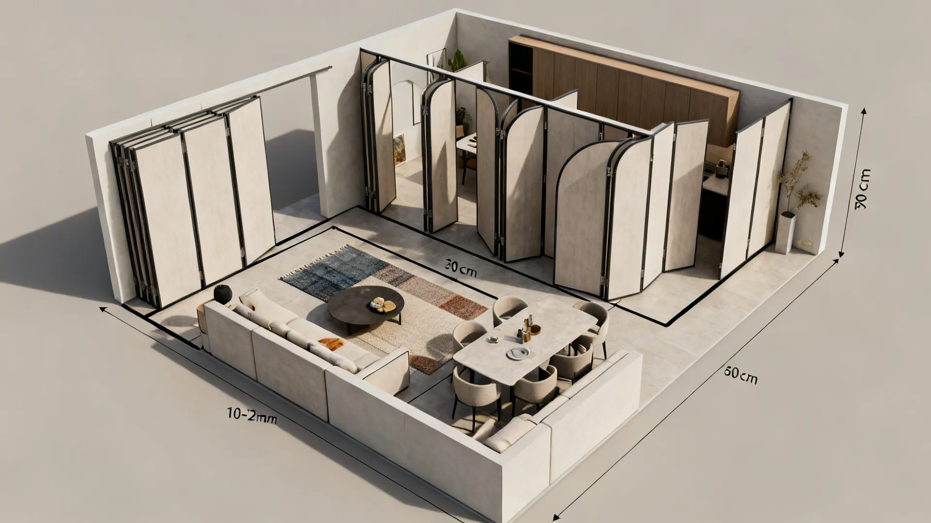 Top-down layout showing stacking and swing zones for sliding, folding, and pivot panels.