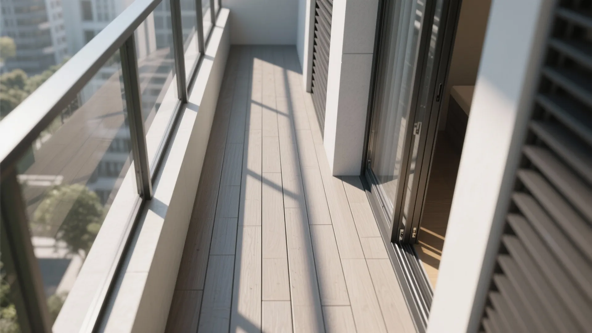 Modern narrow balcony with wood flooring metal railing and glass sliding door in bright sunlight