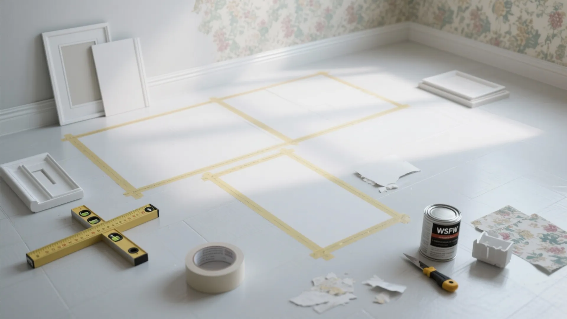 Interior decoration tools like spirit level and tape used for planning wall panel layout design