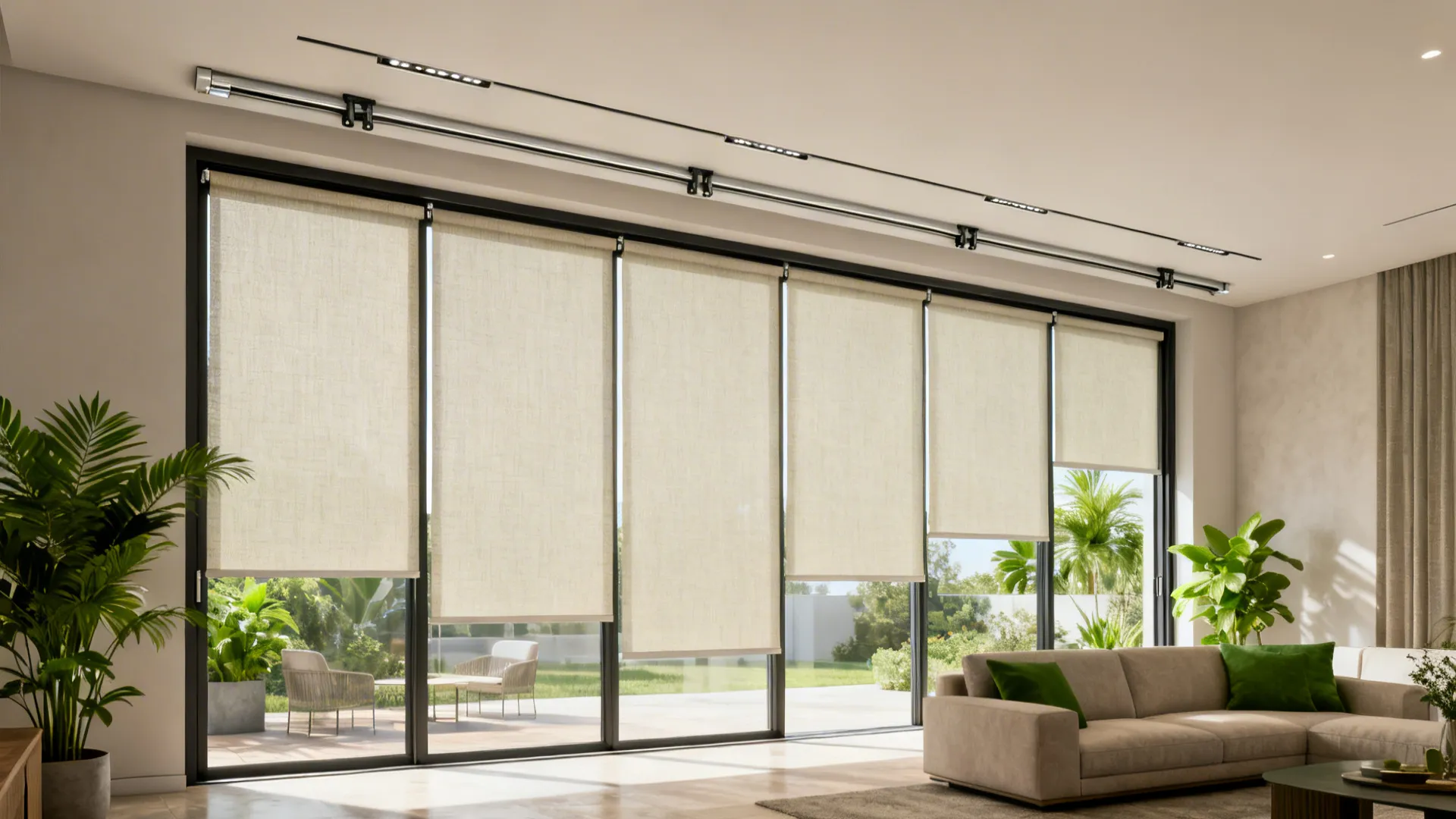 Open-plan living area with sliding doors fitted with multi-track panel blinds acting as a divider.