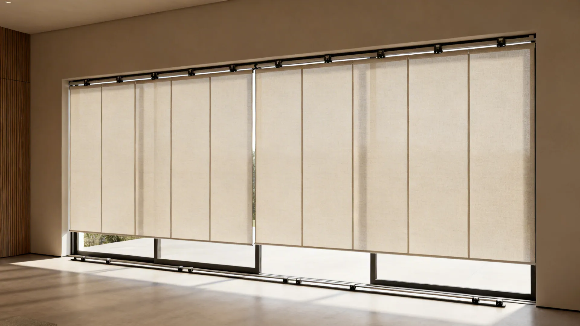 Contemporary room with panel track blinds folded flat to reveal panoramic glass wall.