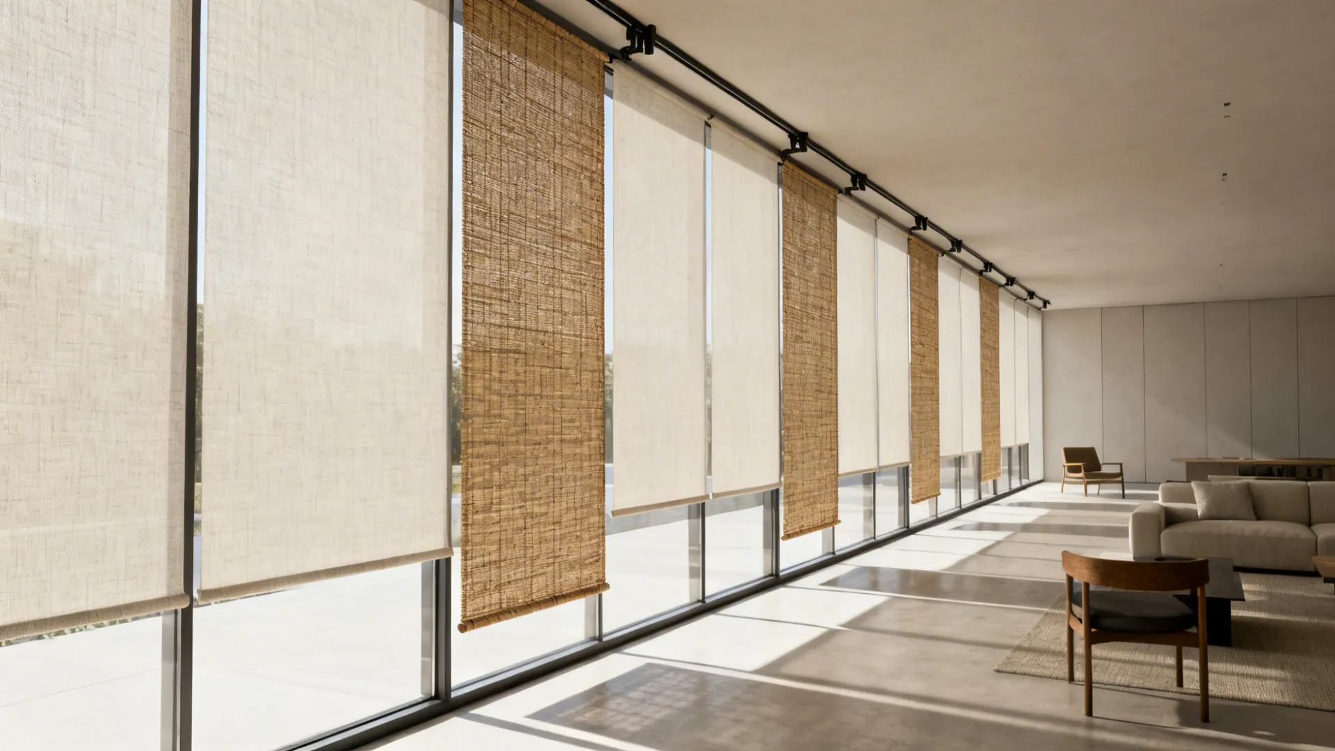 Contemporary living room with alternating linen and woven panel track blinds across a long glass wall.