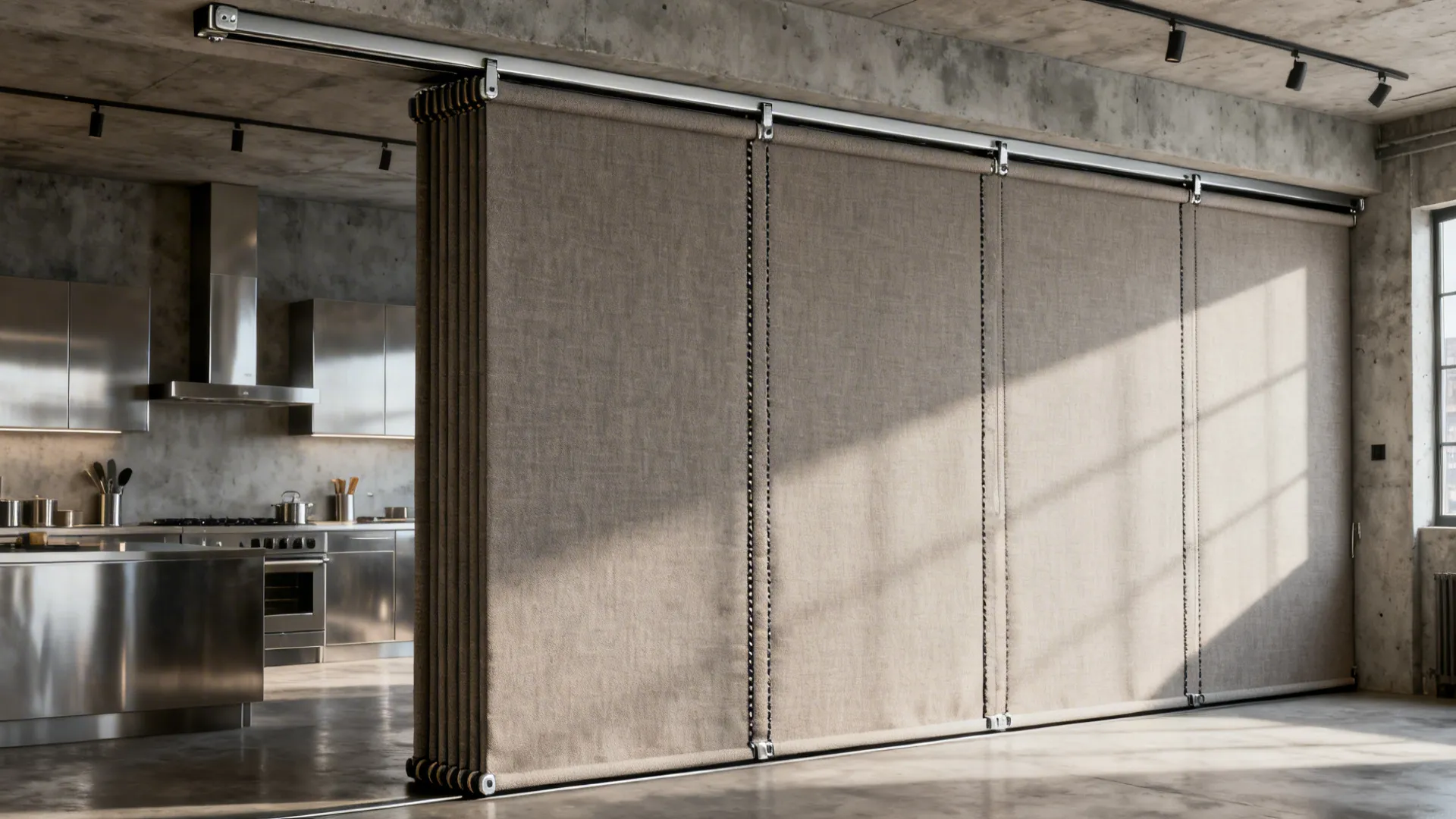 Oversized performance-fabric panel track blinds on a tall sliding kitchen door.