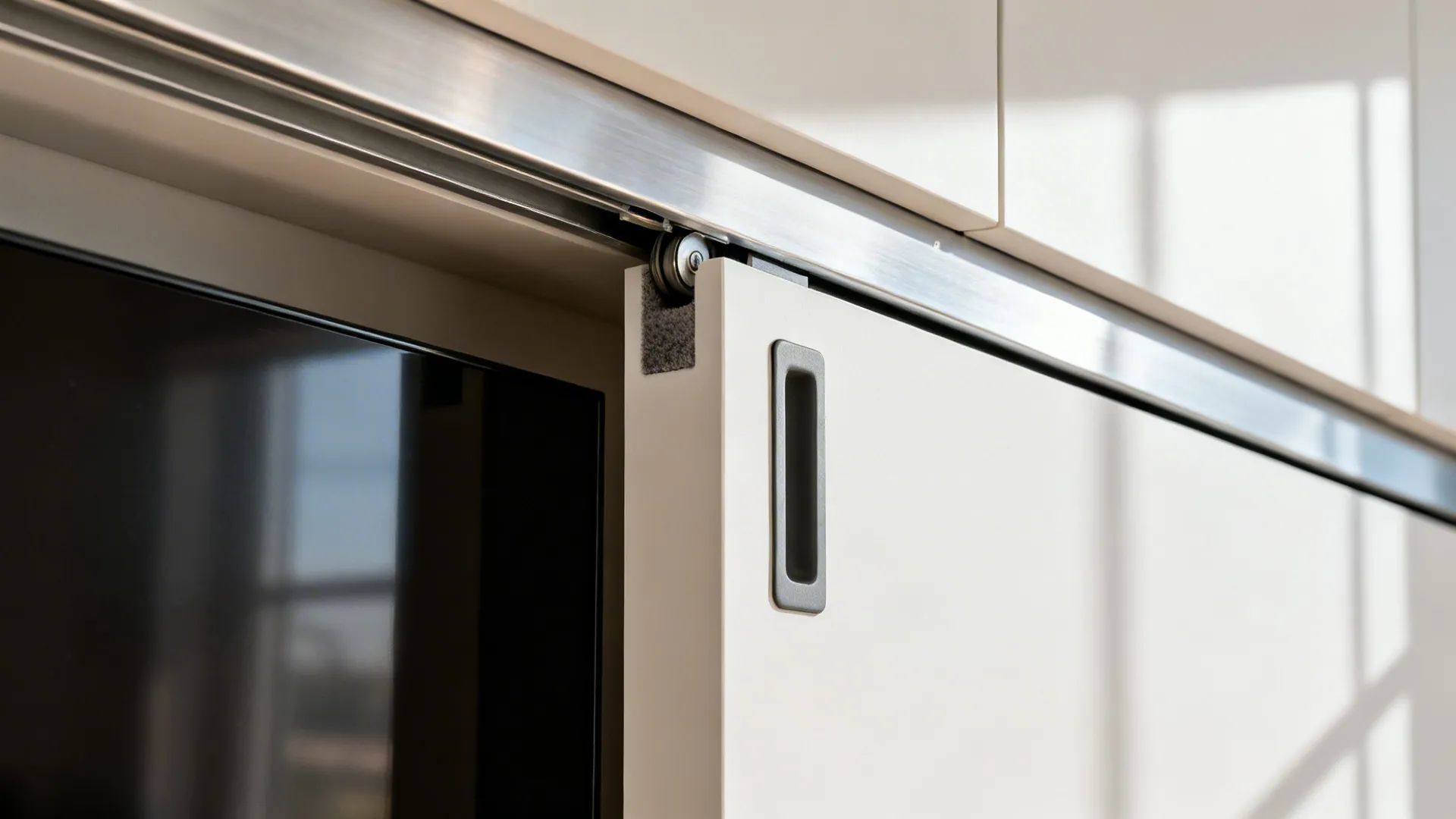 Close-up of a sliding panel system with smooth rollers, inset pull, and felt guides.