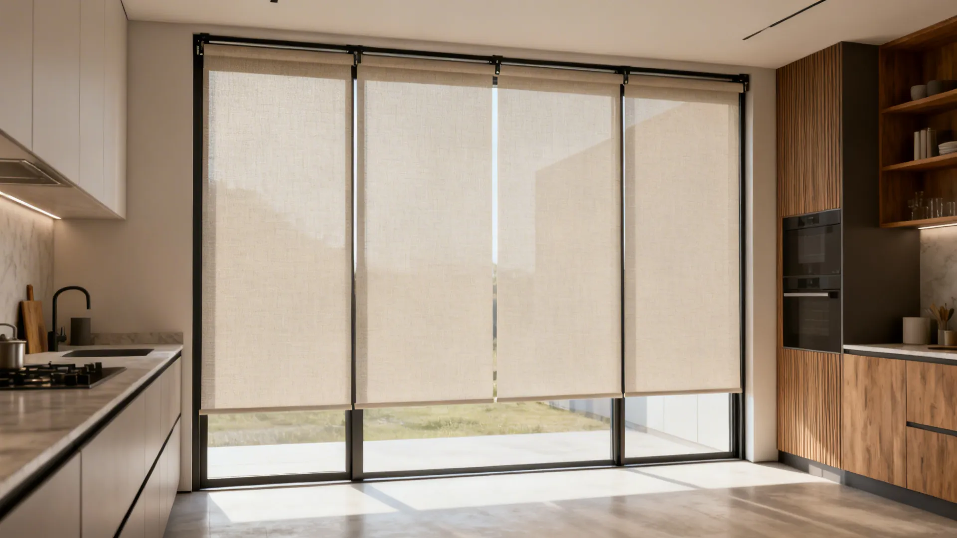 Modern kitchen with sleek sliding panel track blinds covering a wide glass door