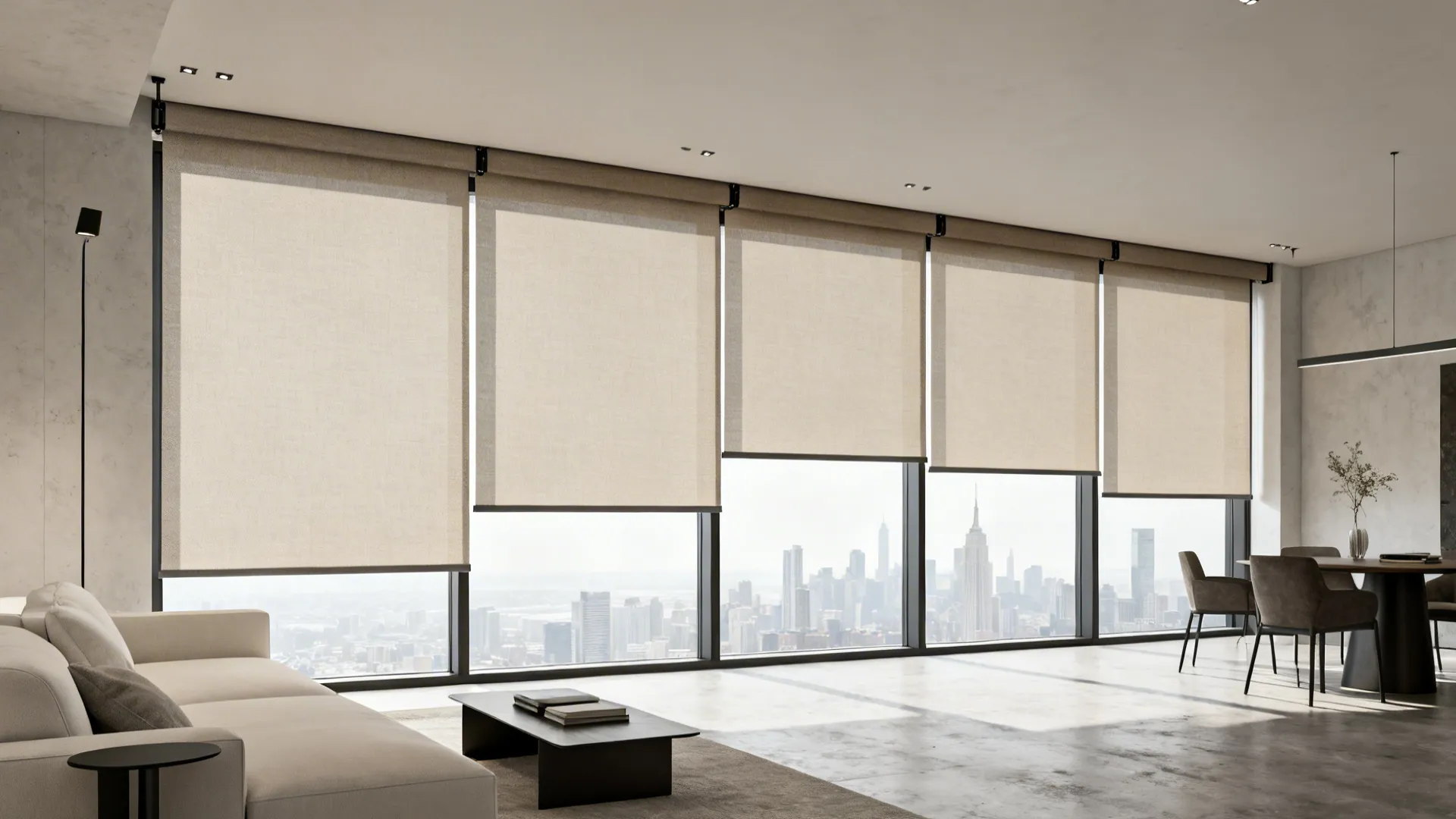 Modern living room with city view windows featuring beige roller blinds and a white sofa