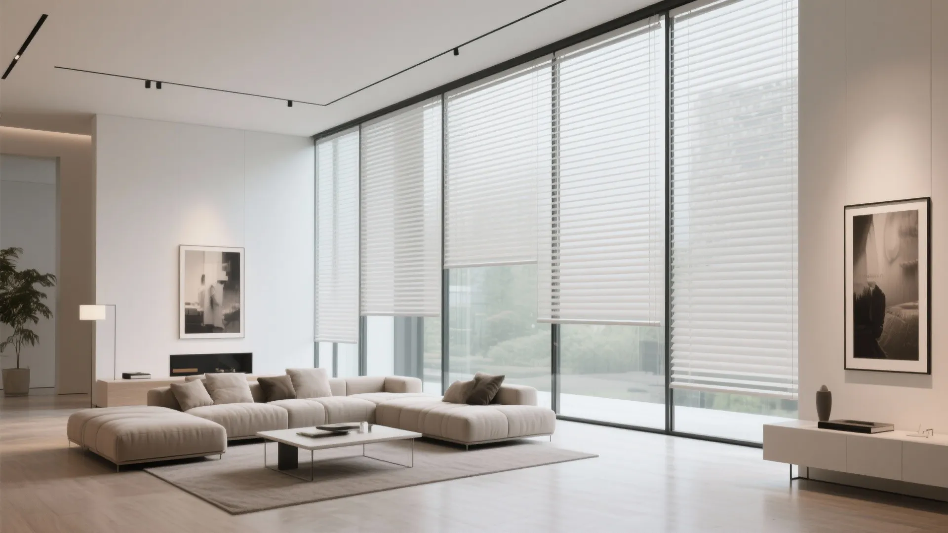 Minimalist living room with sliding panel track blinds on glass wall