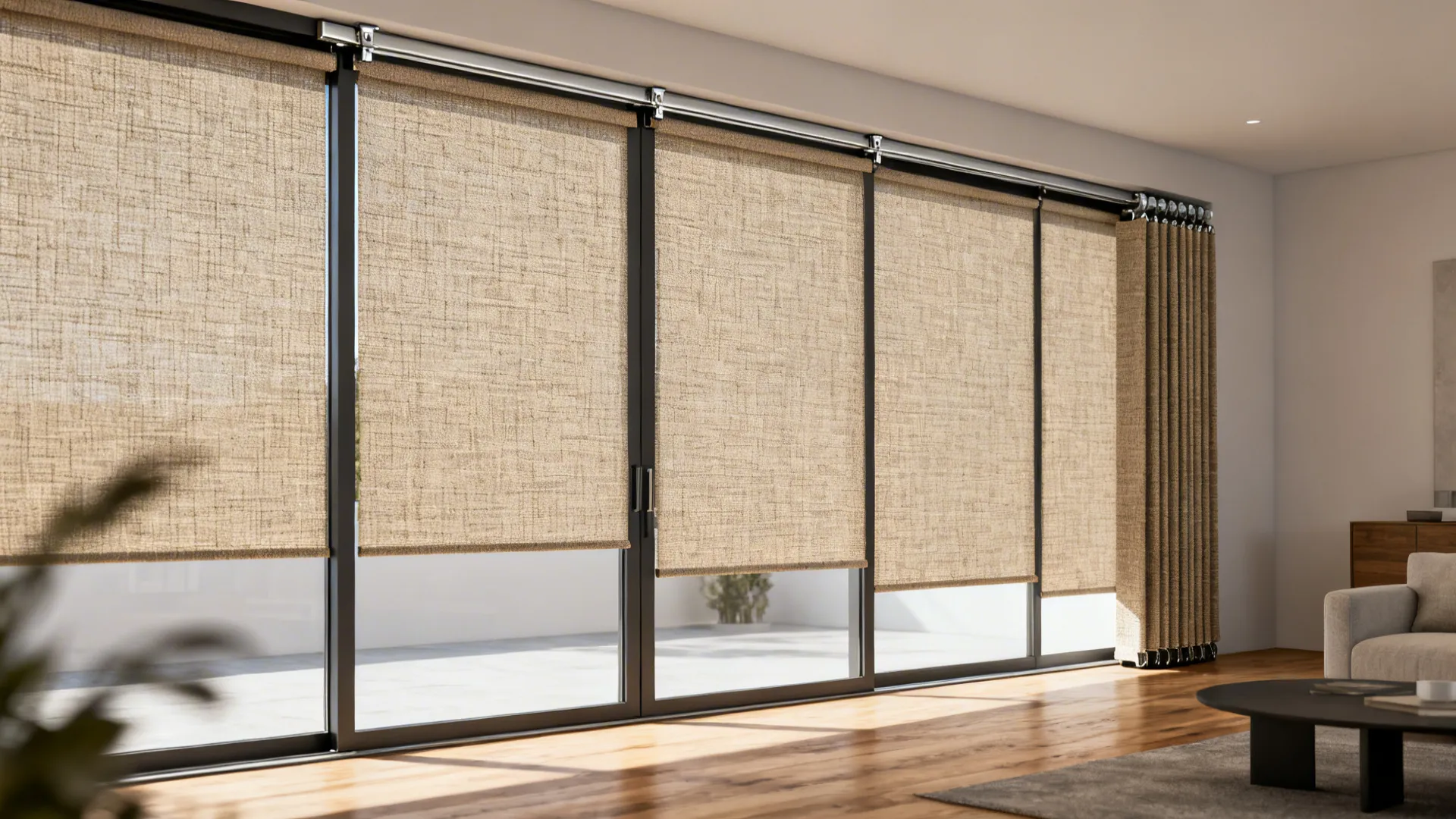 Sliding panel track blinds in woven fabric stacking to one side of wide French doors.