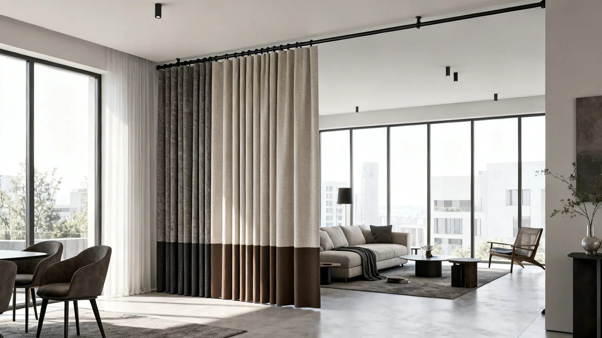 Open-plan apartment using panel track blinds to divide seating area while keeping large windows unobstructed