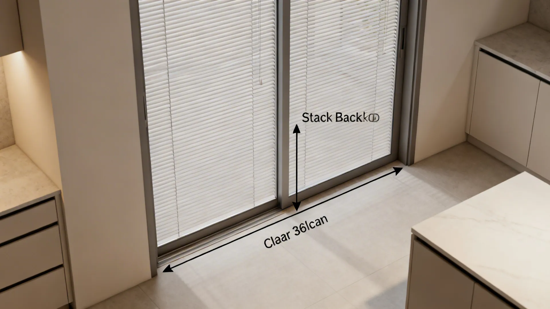 Top-down view showing panel track stack-back and a clear 36-inch kitchen pathway.