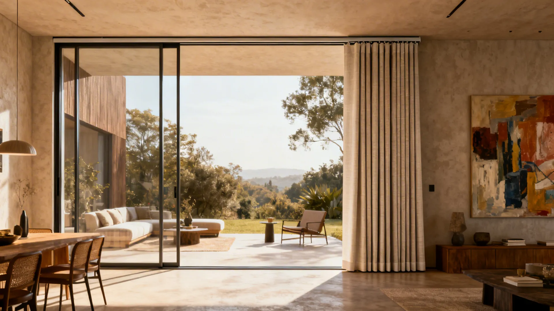 Wide open interior with panel track systems of mixed fabrics across a large sliding glass opening.