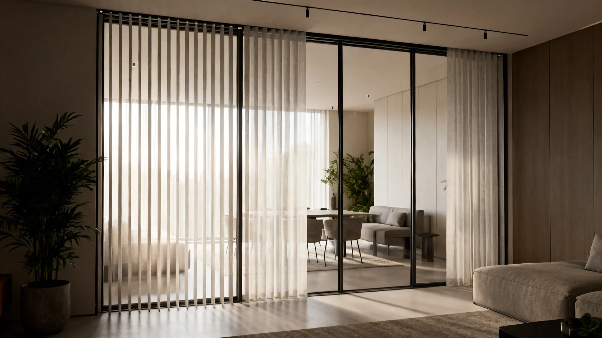 Sliding door with sheer vertical blinds creating height and diffuse light