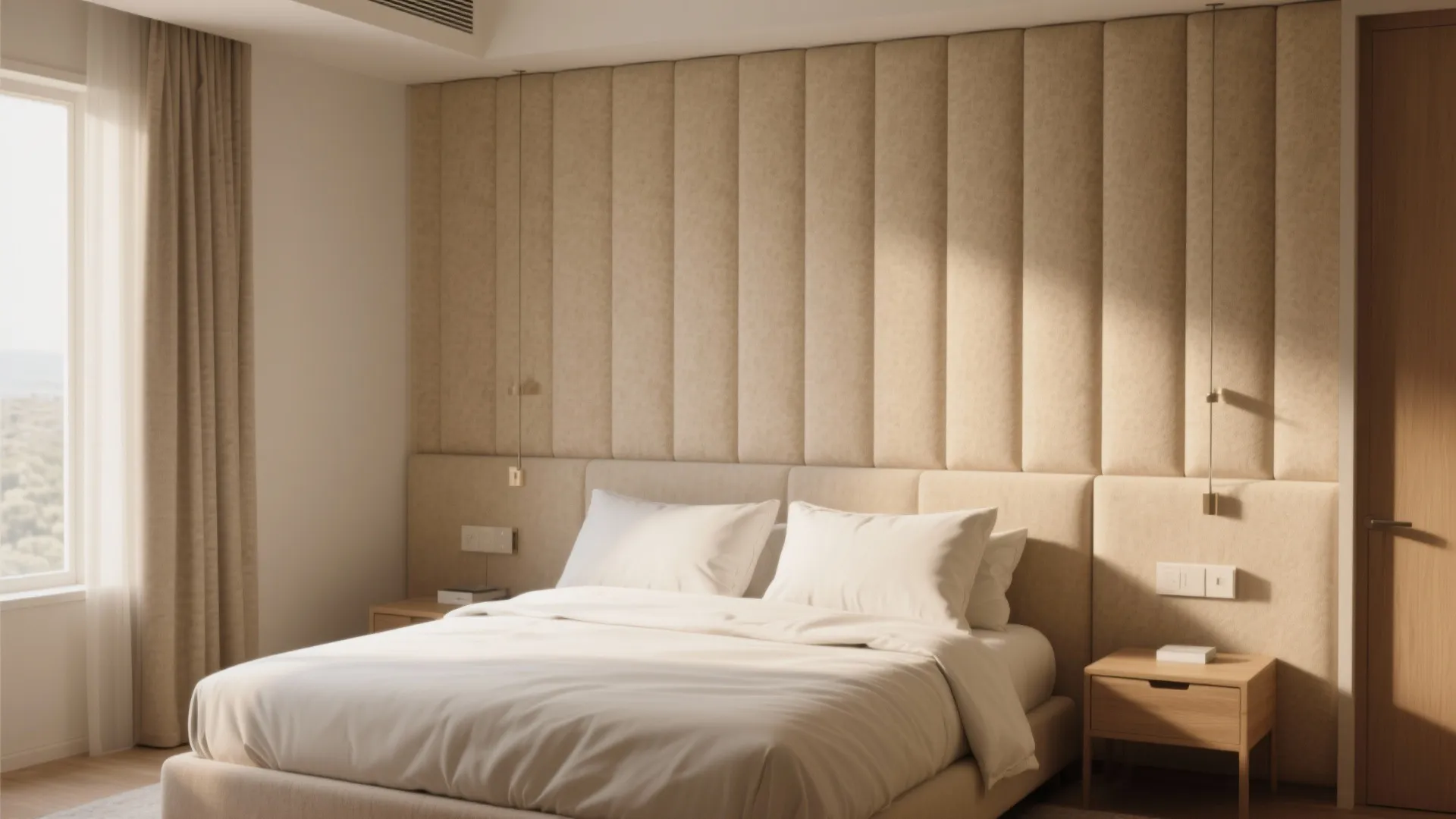 5) Upholstered or acoustic panel wall: quiet, cozy, and hotel-level comfort