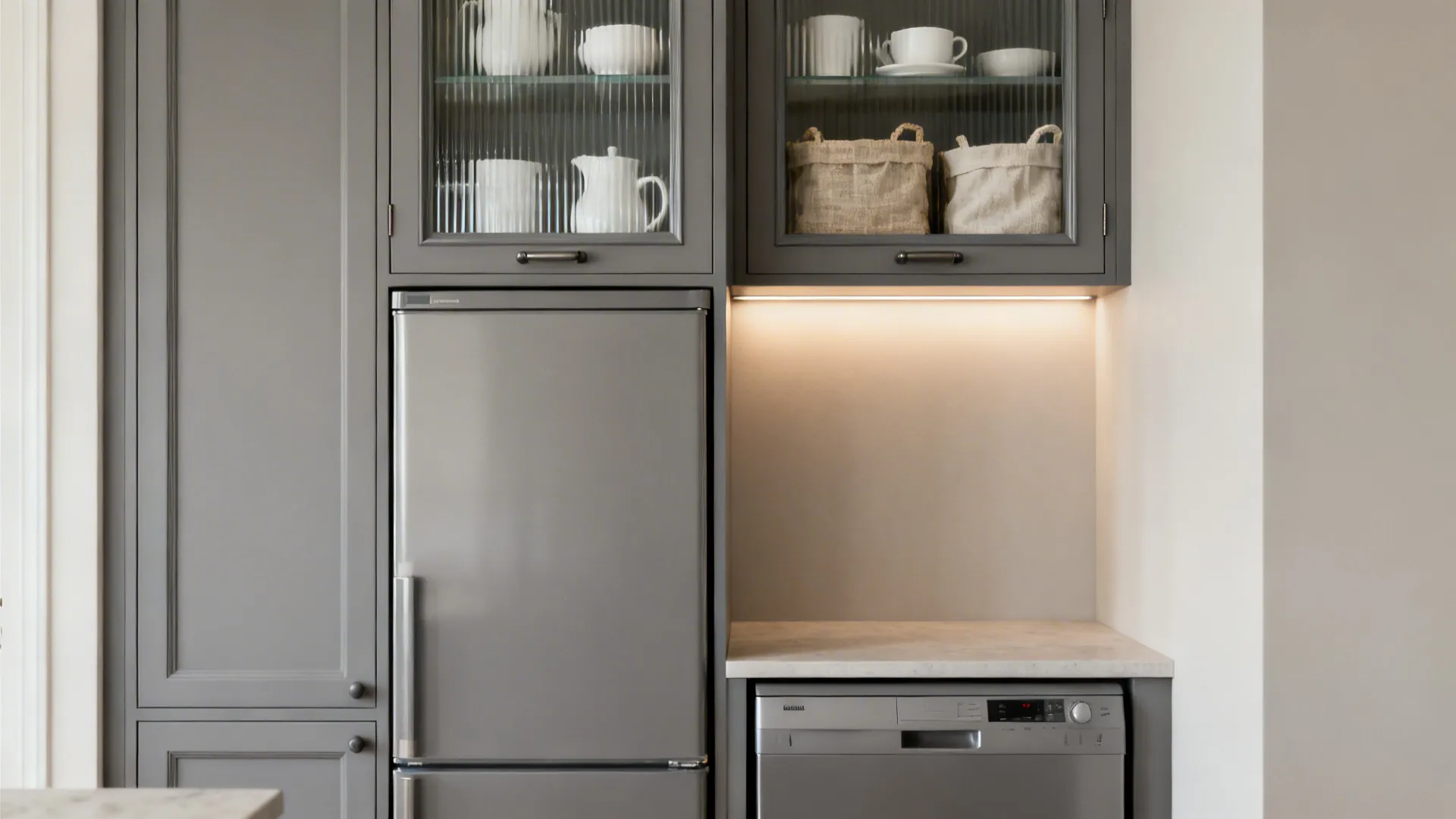 Integrated paneled appliances with framed glass uppers showcasing simple ceramics.