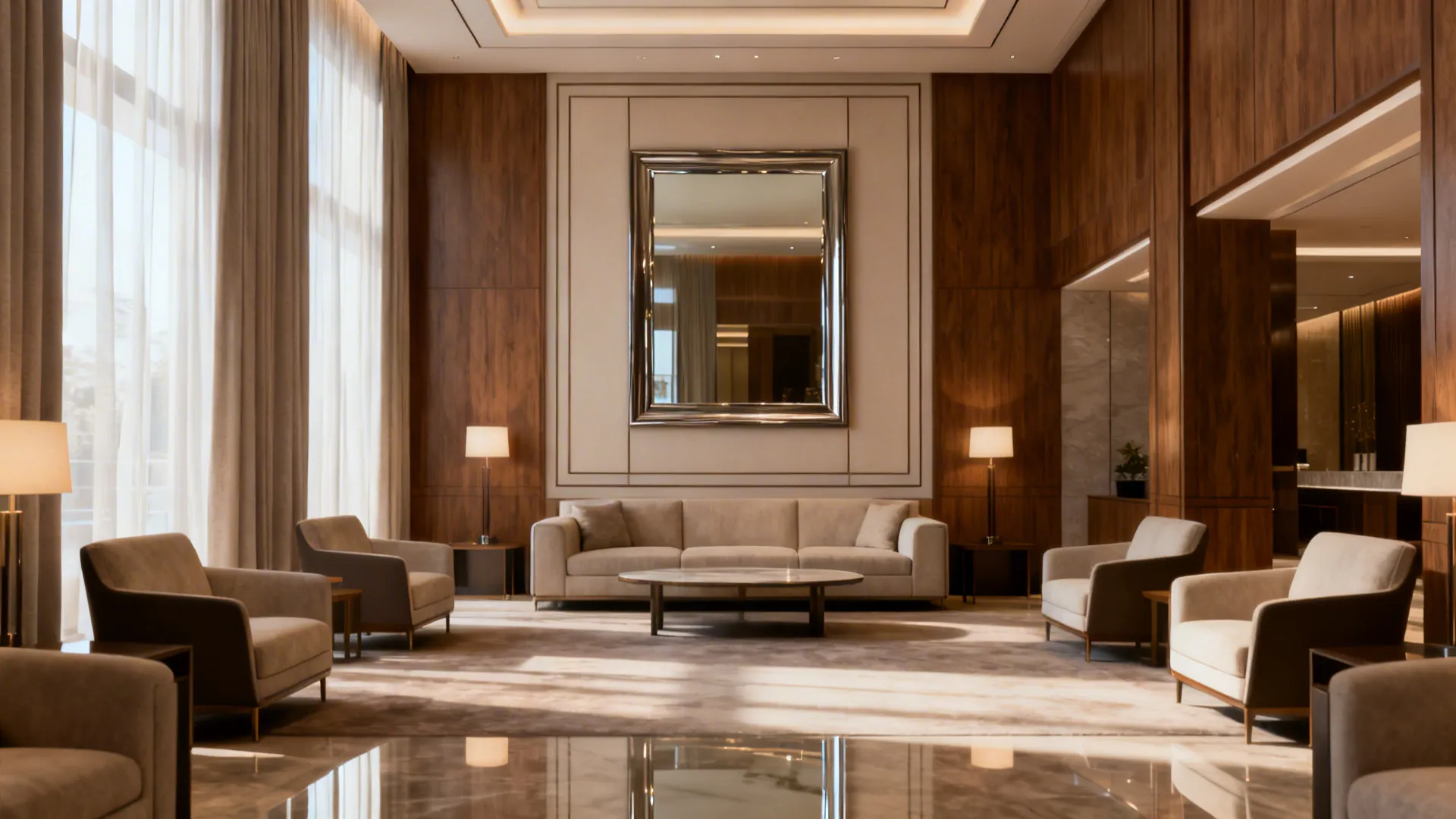 Elegant paneled mirror wall above a sofa creating architectural scale