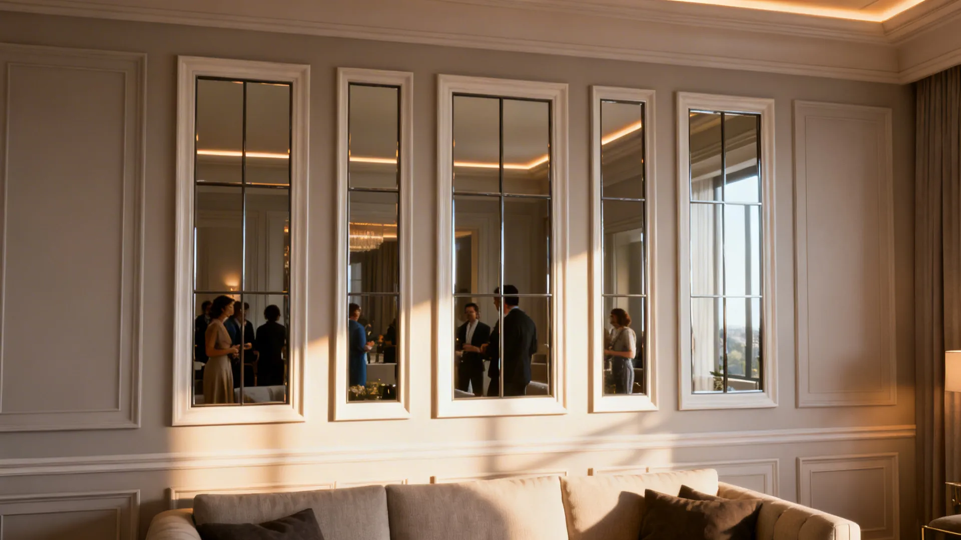Paneled oversized mirrors arranged like faux windows adding architectural interest to a living room wall.