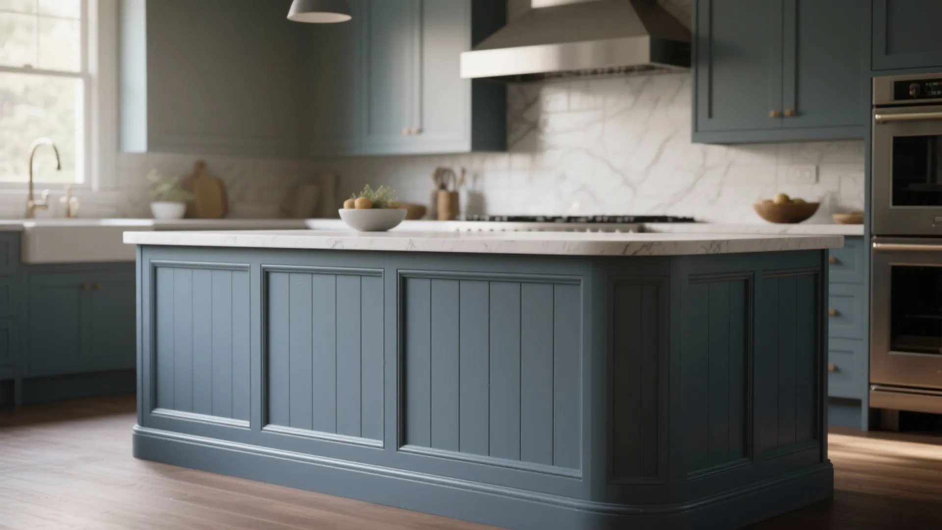 3. Shiplap or Paneled Island in Stormy Blue-Grey