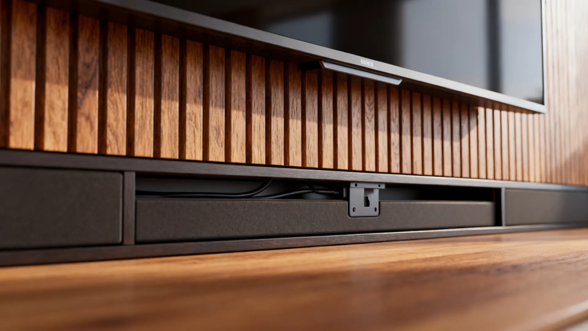 Close up of a television screen above a wooden wall panel with black wires showing