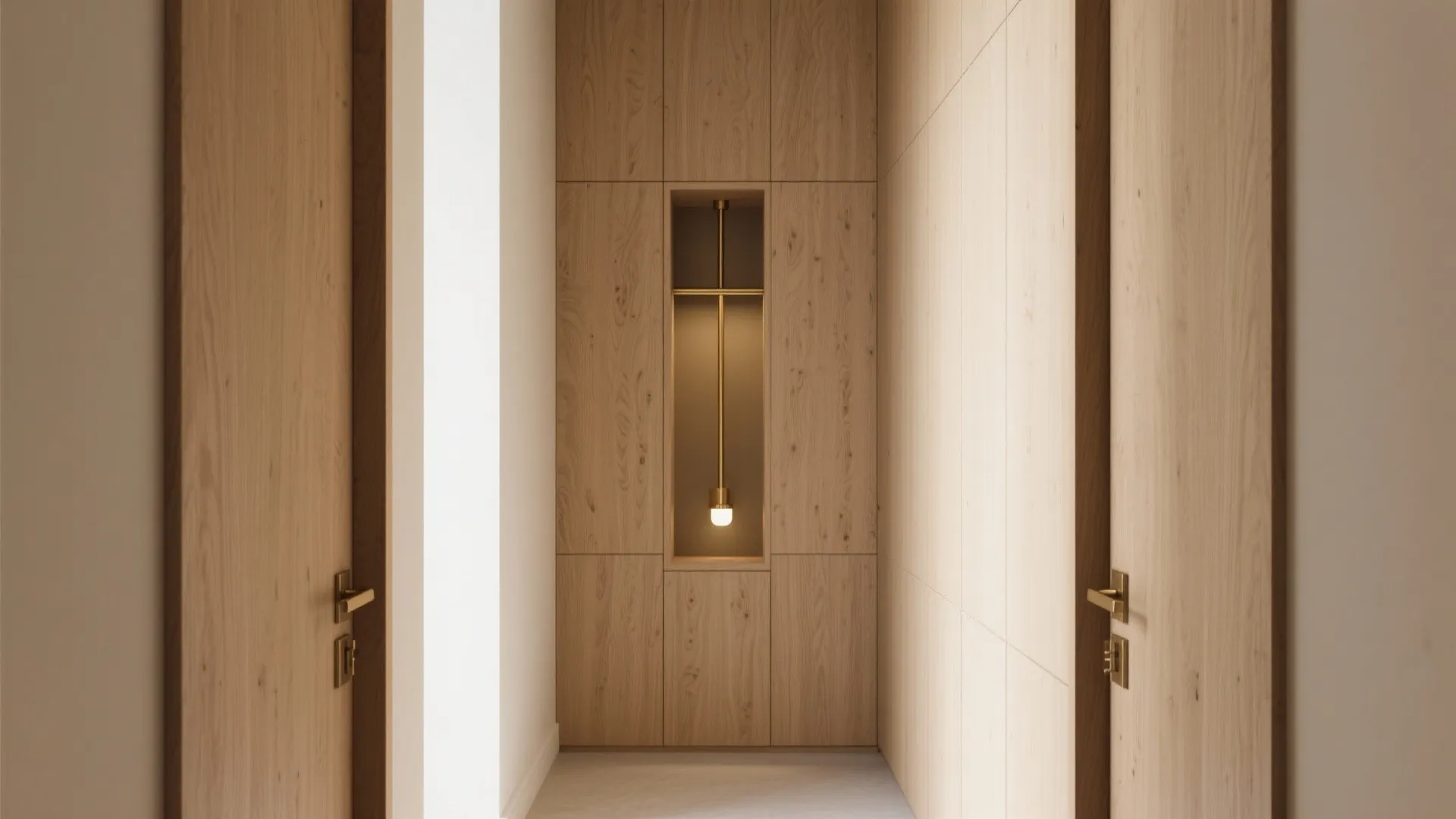 Modern hallway with light wood doors and a wall cabinet containing a small hanging light
