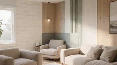 Scandinavian Living Room with Wood Textures & Soft Lighting
