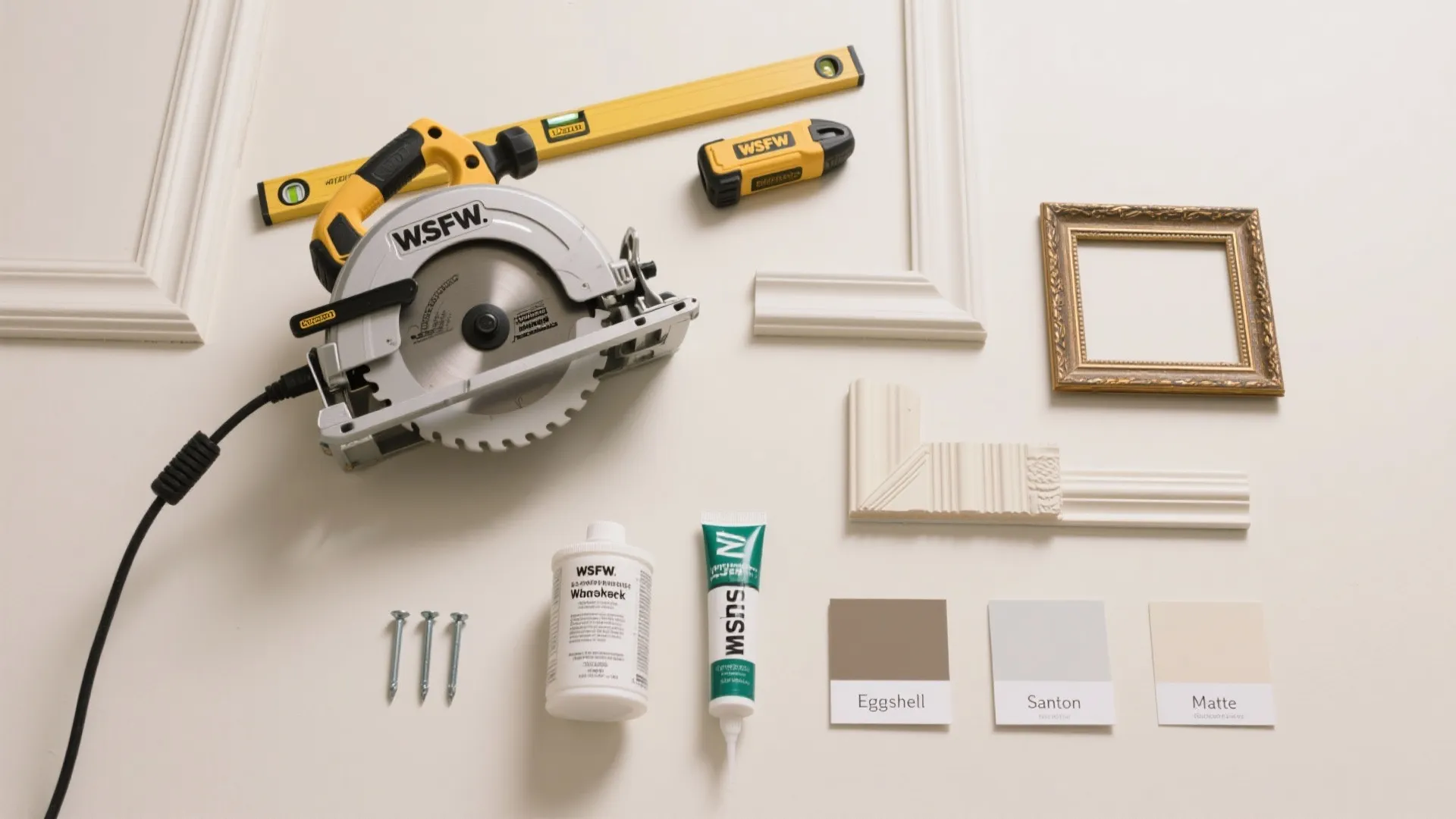Collection of home improvement tools including power saw level paint glue and wall panel molding pieces