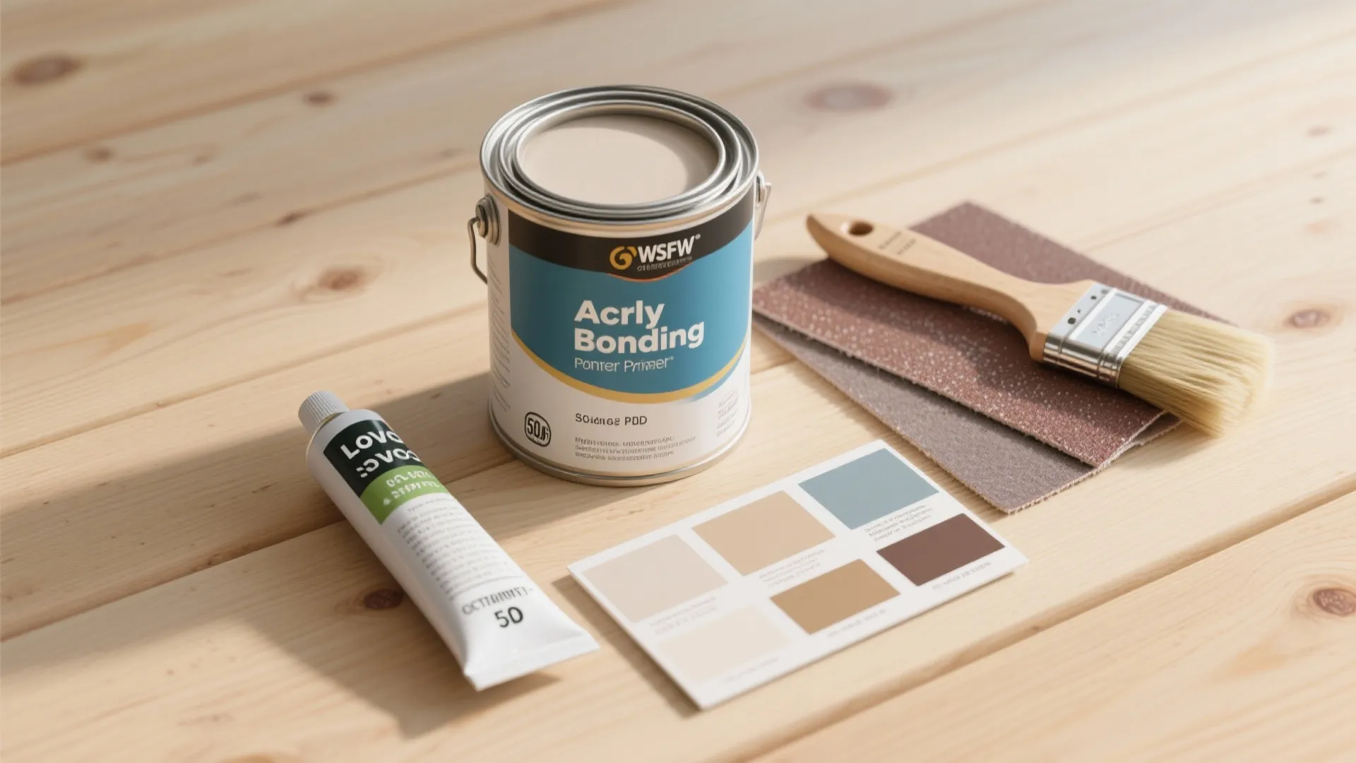 A paint bucket glue tube brush sandpaper and color cards on a light wood floor