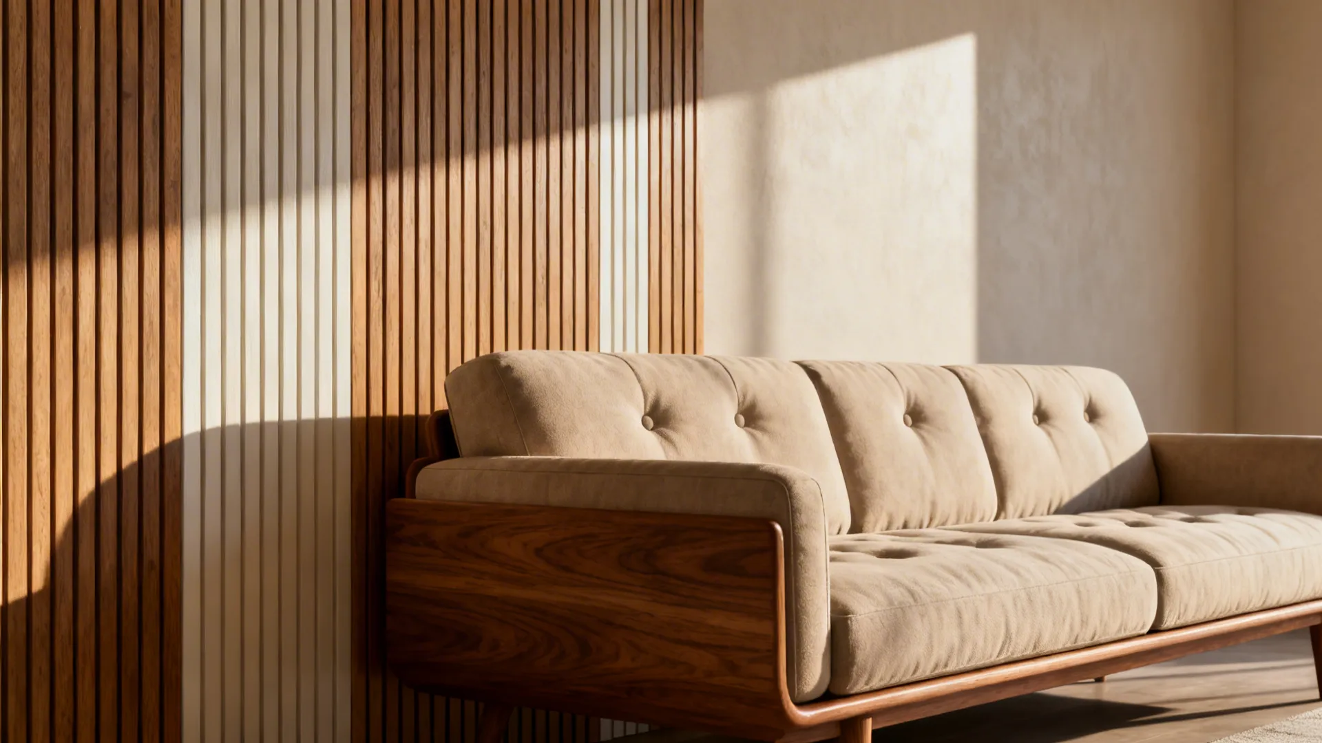 Modern beige sofa next to vertical wood wall panel under bright warm natural sunlight shadows