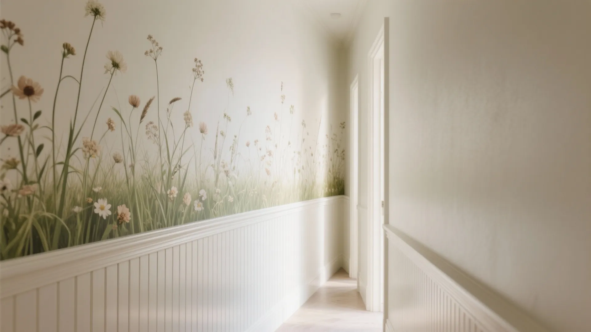 Bright hallway with white wall panel and floral wallpaper showing wild flowers and soft sunlight