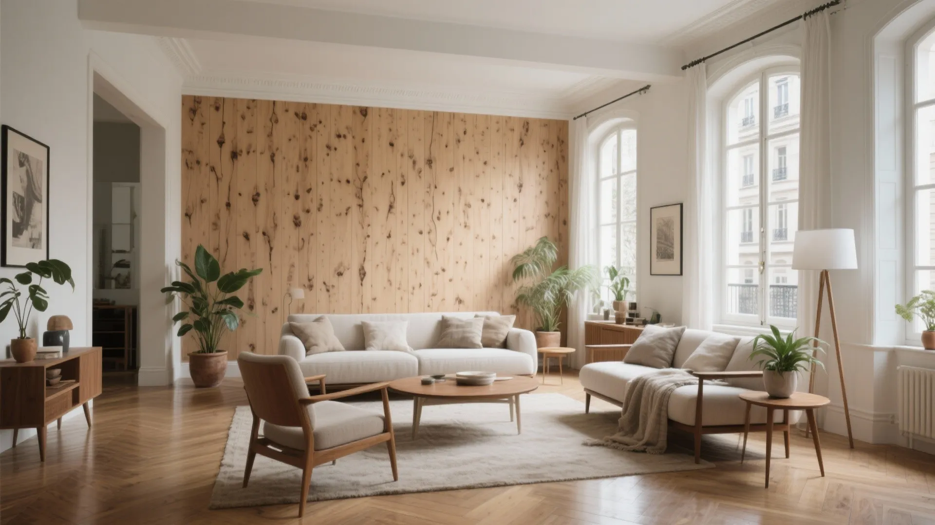 Bright living room with large wood wall panel, white sofas, round coffee table, and plants