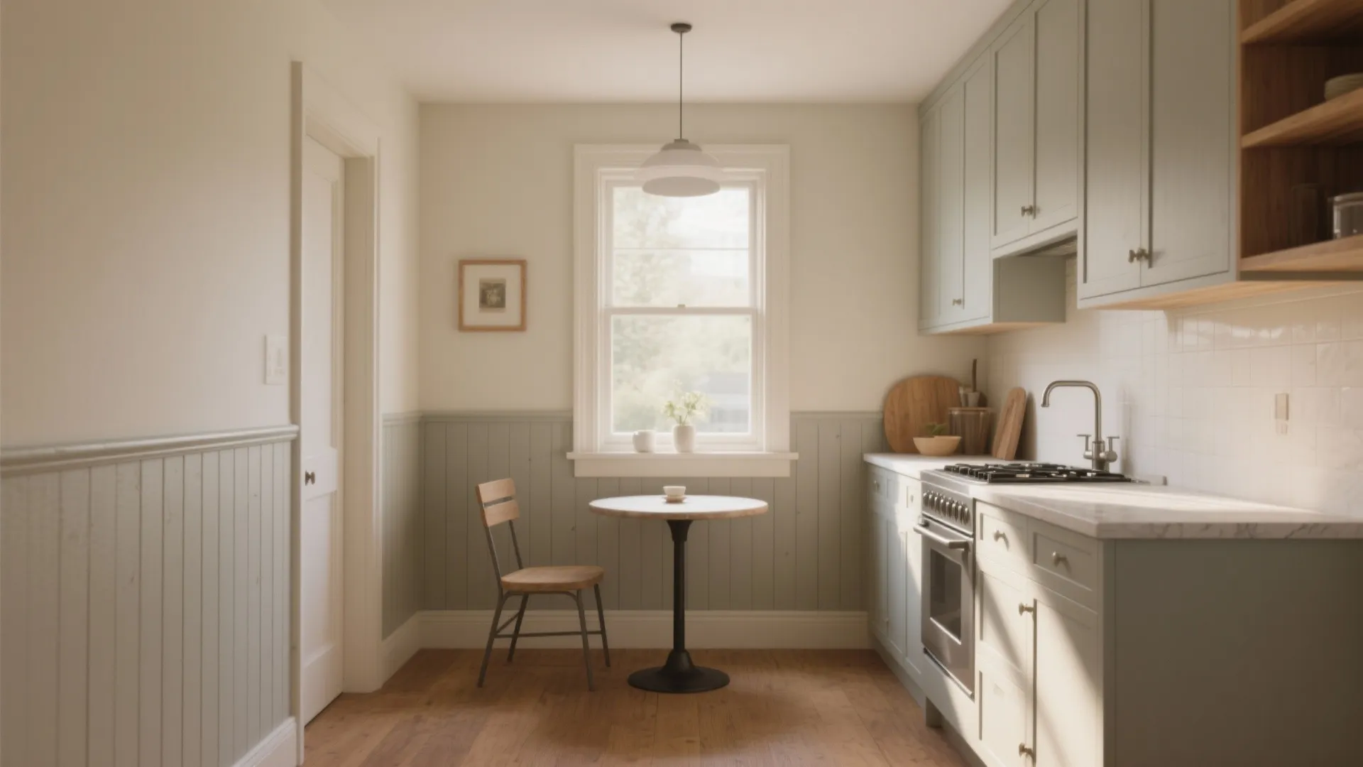 Small kitchen with green wall panel wood flooring a round dining table and white cabinets