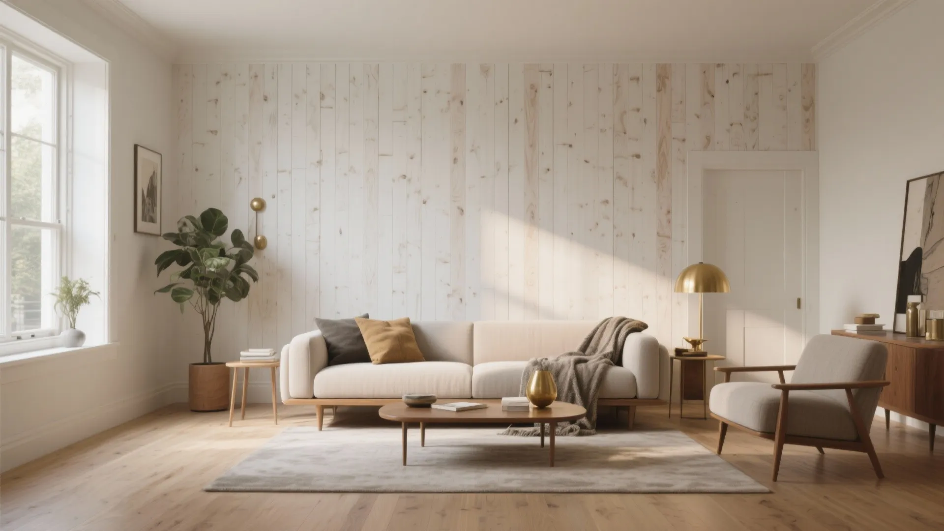Modern living room with white wall paneling creamy sofa wooden coffee table and gold table lamp