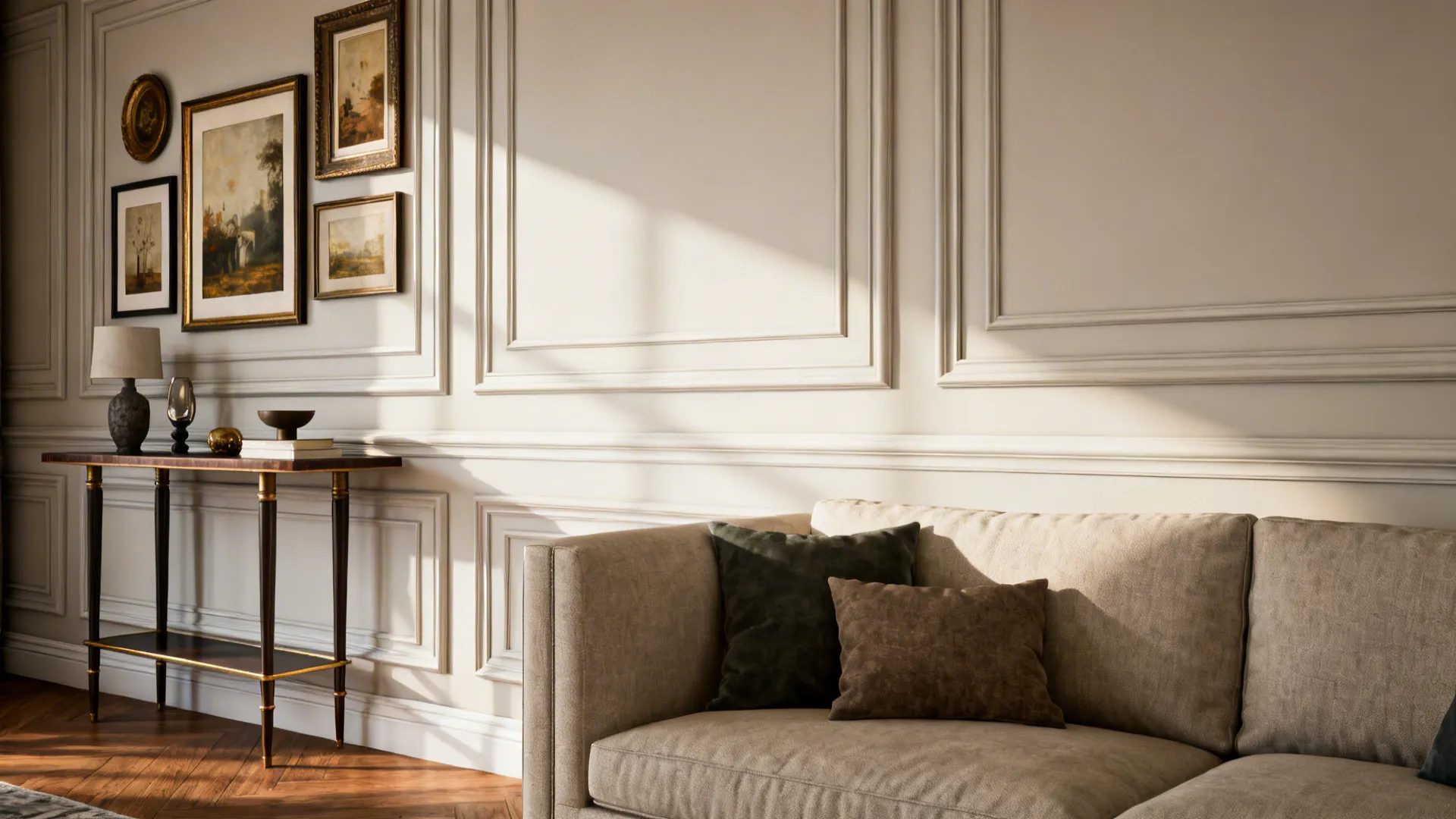 Curated living room wall with picture-frame paneling and molding behind a sofa.