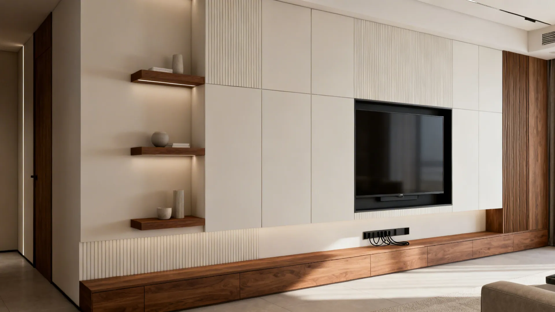 Painted paneling with integrated shallow shelving and a recessed TV, neutral and tidy living room setup.