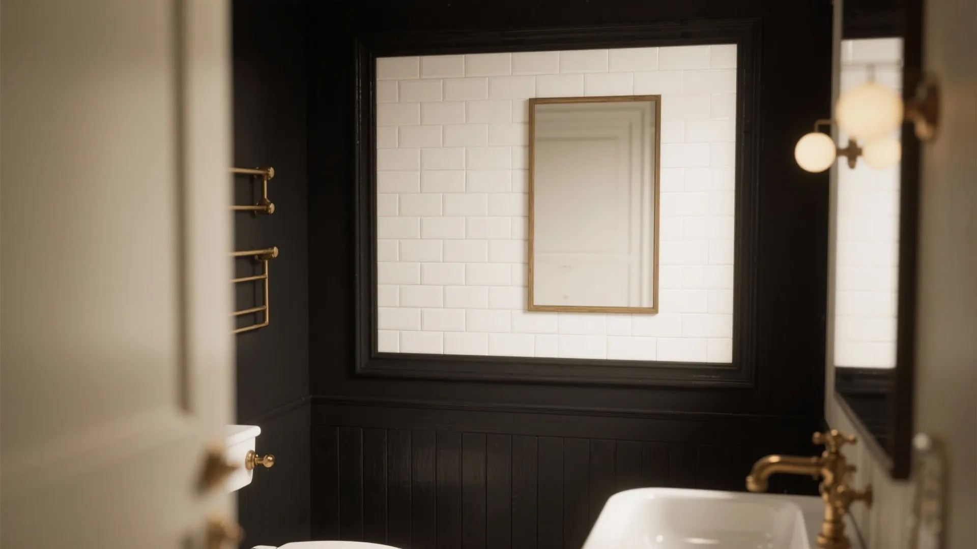 Black painted paneling with a framed white tile inlay in a small bathroom.