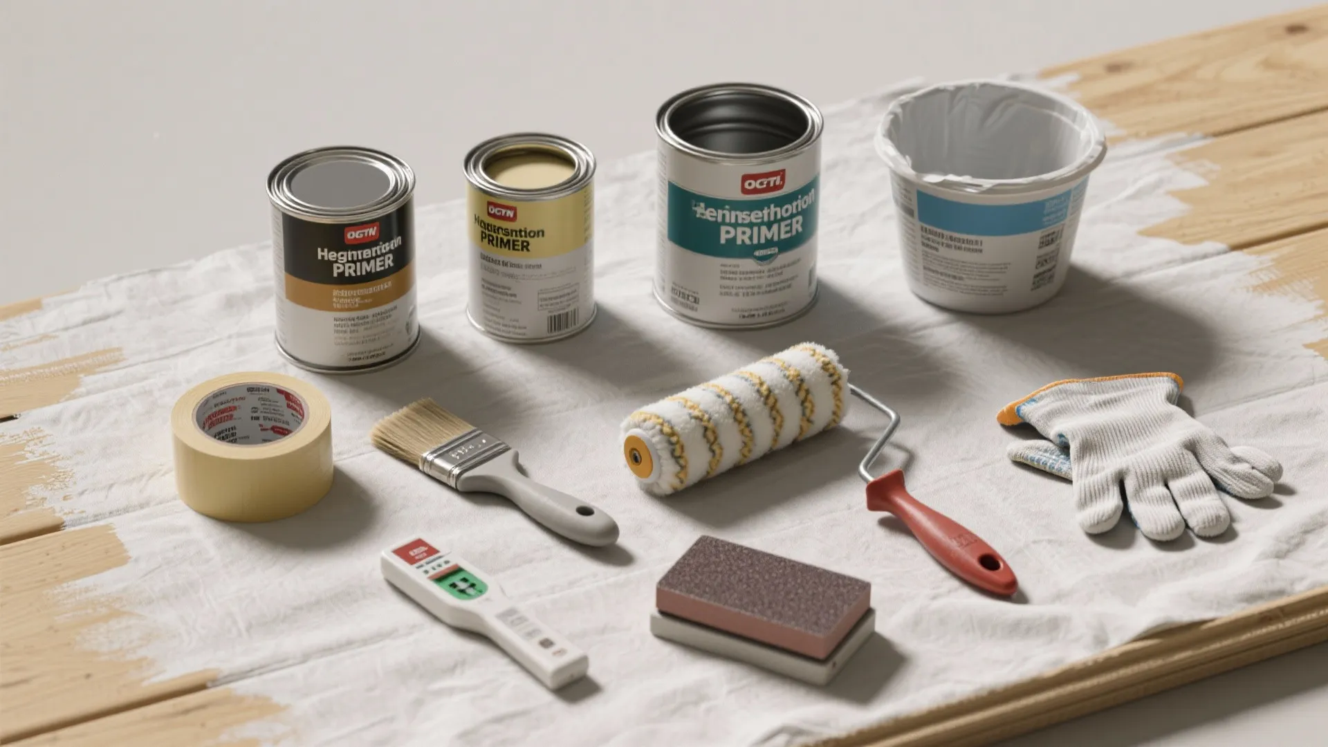 Flatlay of primer, paint samples, brushes, filler, sanding block and a generic lead test kit for safe paneling renovation.