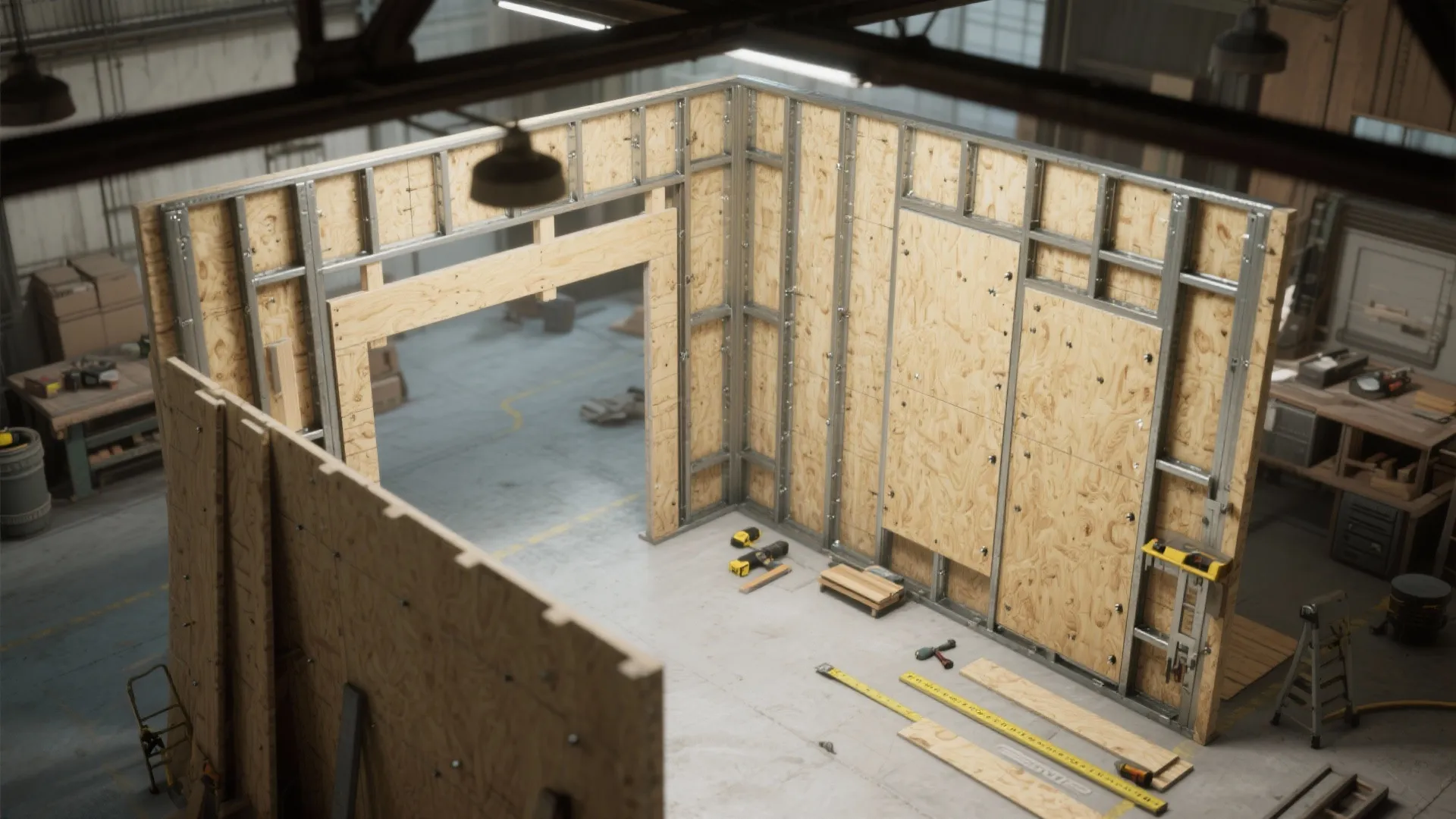 Top-down layout of panelized wall sections with shear zones and a clear future-change bay on a workshop floor.