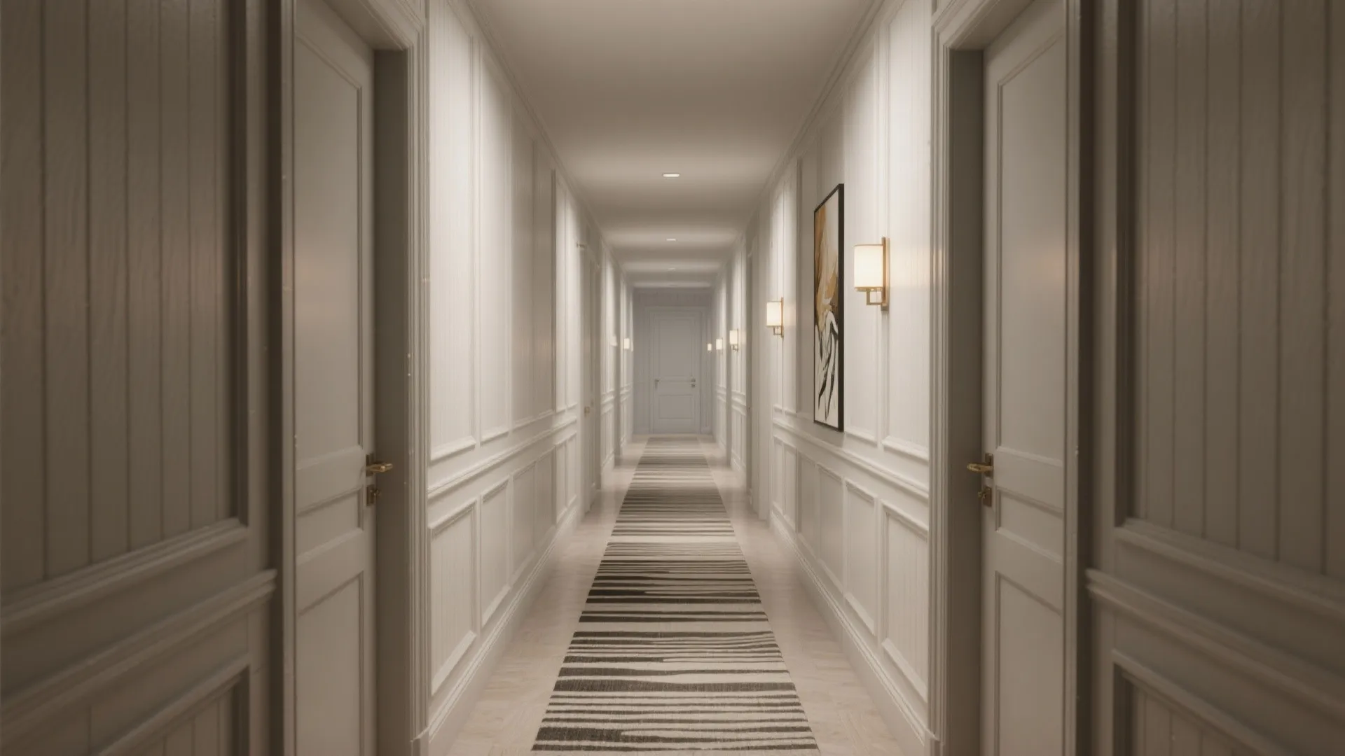 White hallway with decorative wall panel details and several wall light fixtures and striped rug